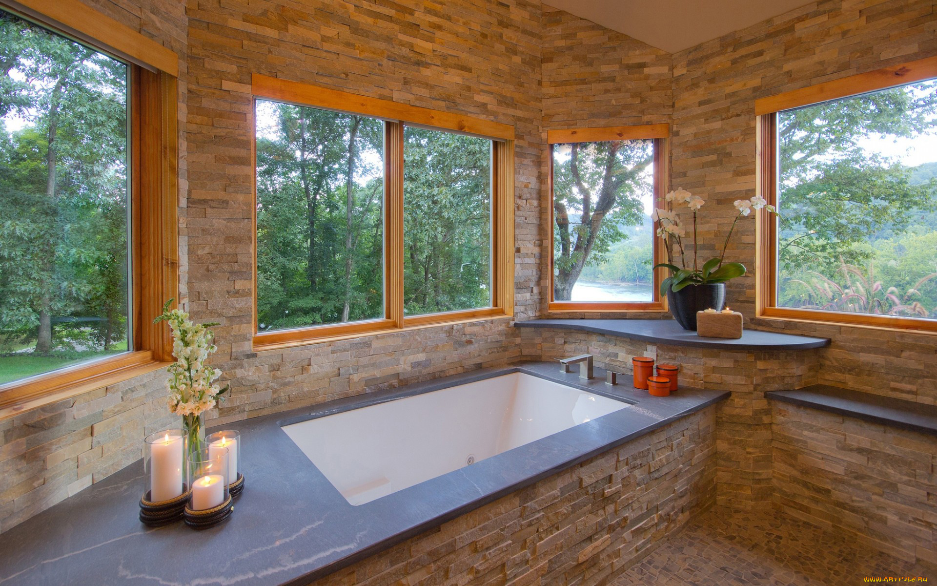 интерьер, ванная, и, туалетная, комнаты, свечи, ванная, ванна, цветы