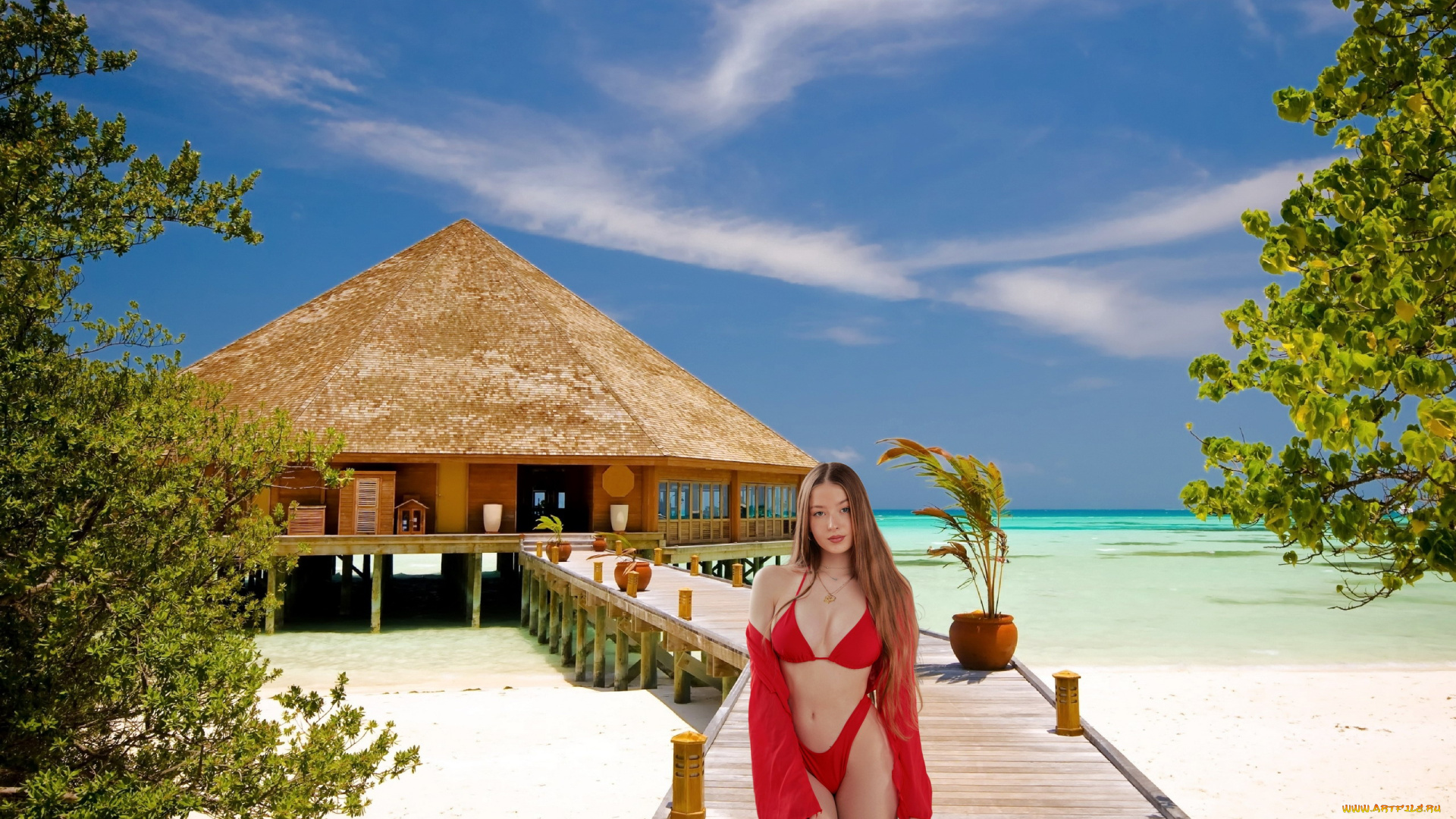 девушки, -, рыжеволосые, и, разноцветные, тропики, море, бунгало, бикини