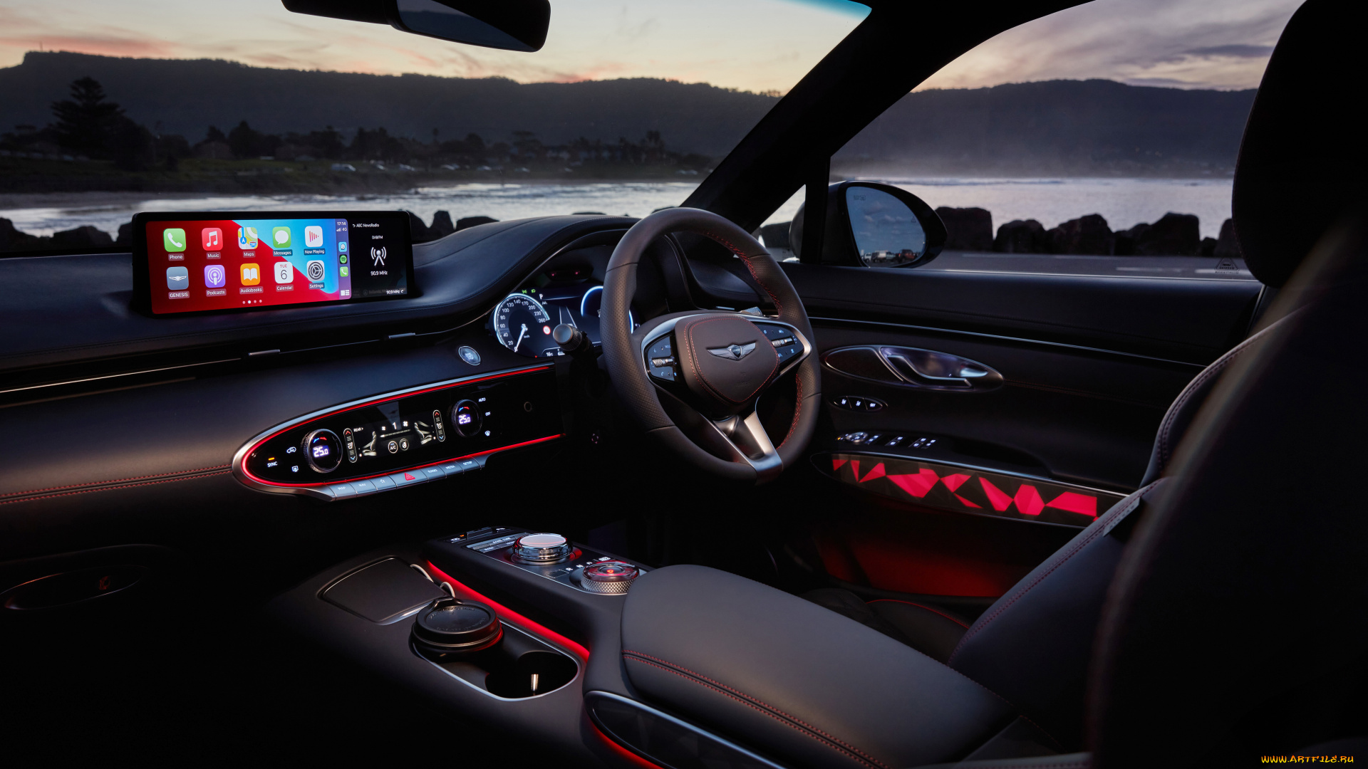 genesis, gv70, 3, 5t, awd, автомобили, спидометры, торпедо, салон, руль, река