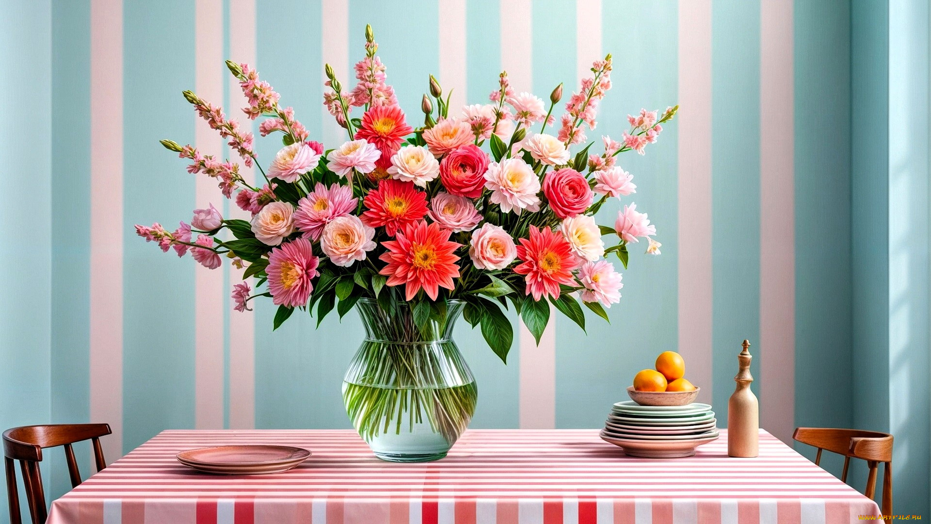 рисованное, цветы, букет, стол, стулья, тарелки, апельсины