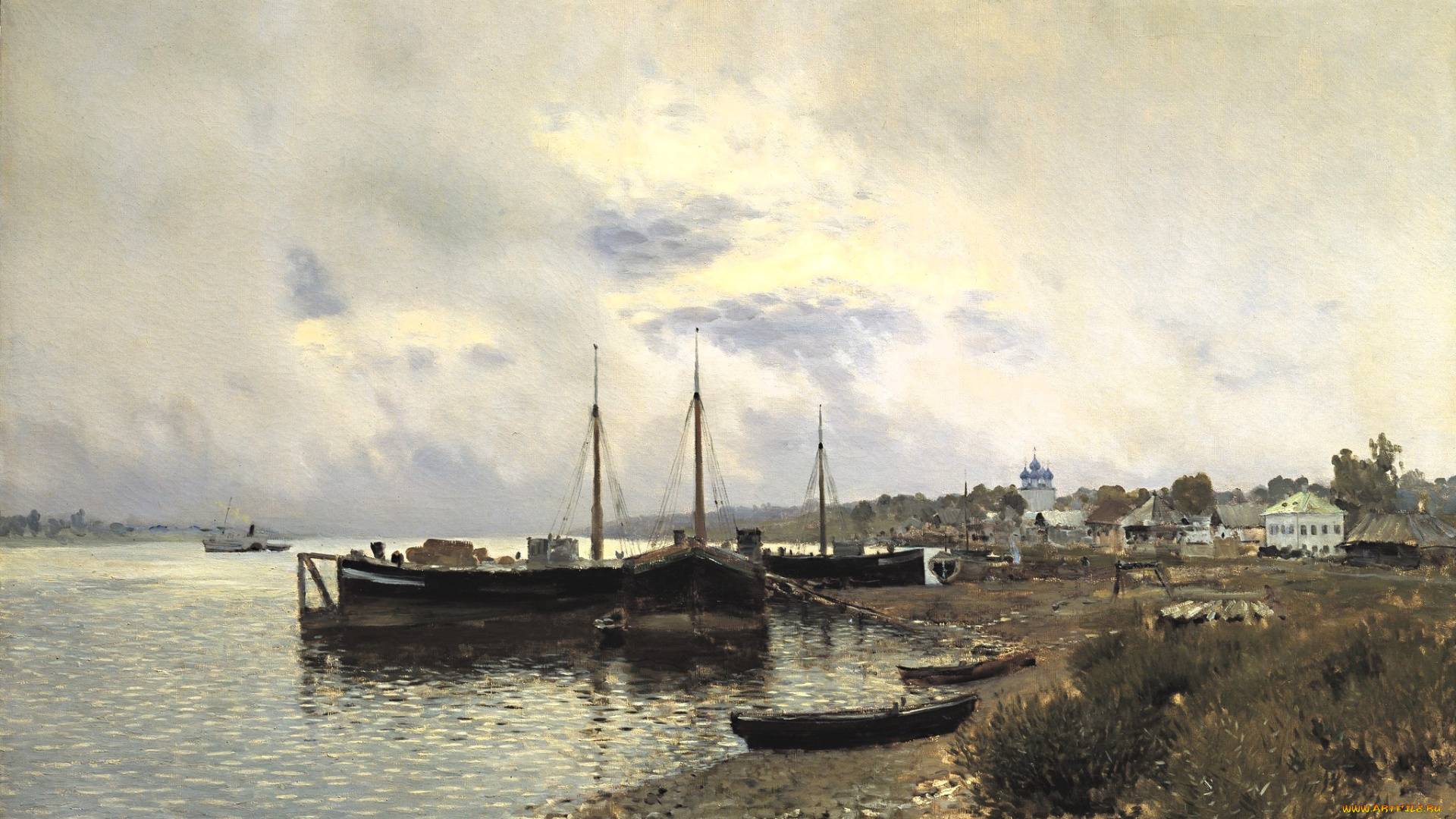 рисованное, исаак, левитан, река, берег, корабли, дома