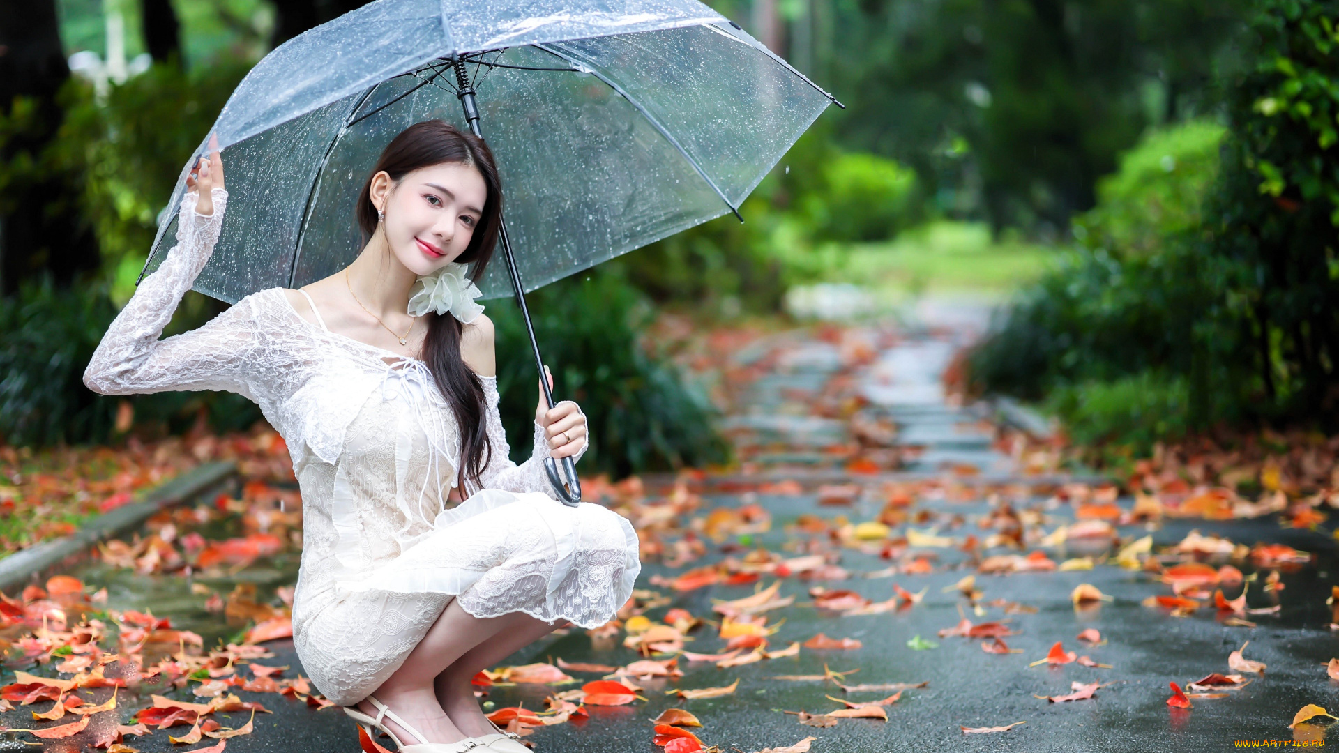 девушки, -, азиатки, брюнетка, платье, каблуки, зонт, дождь, дорожка, листья, деревья, парк, осень
