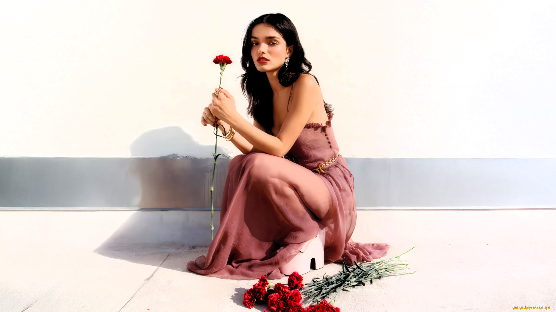 девушки, rachel, zegler, брюнетка, платье, цветы, гвоздики