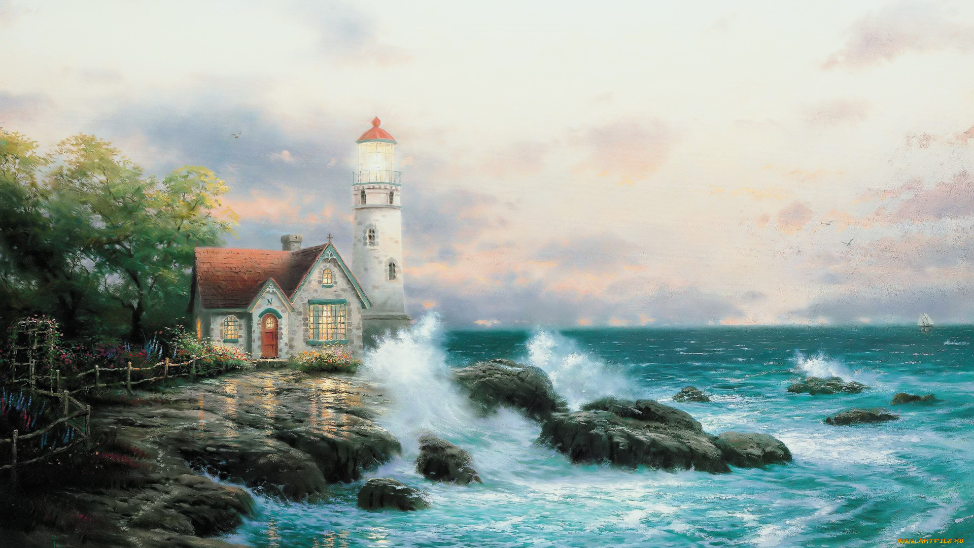 рисованное, thomas, kinkade, дом, маяк, деревья, забор, камни, море, волны, прибой