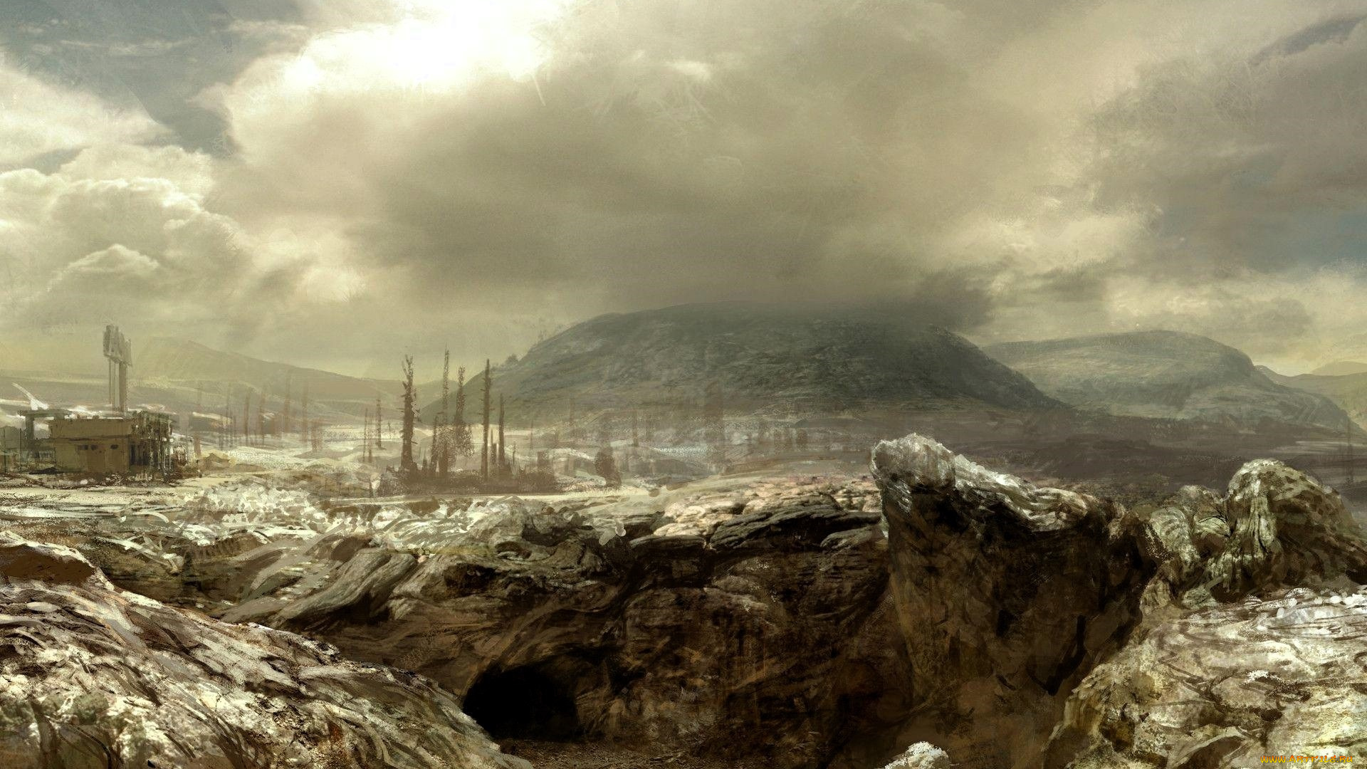 видео, игры, fallout, 3, горы, скалы, пещеры, завод, тучи