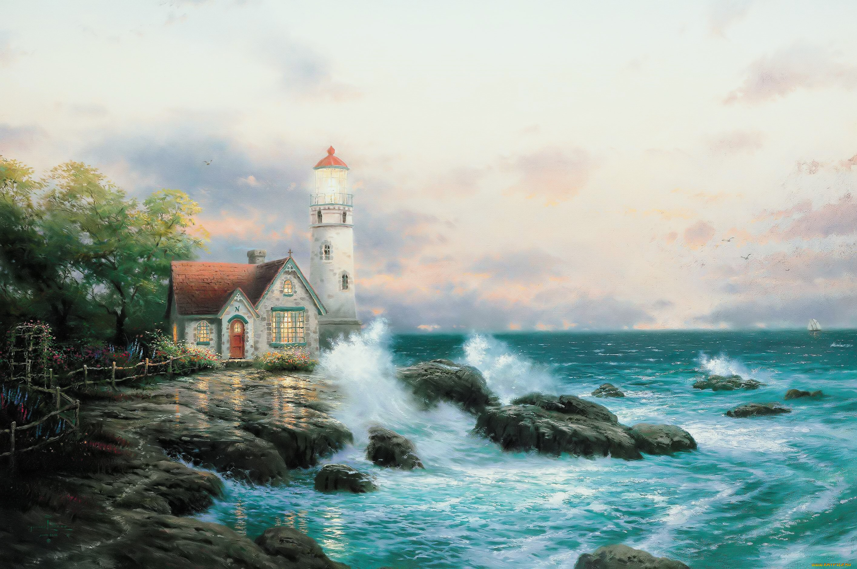 рисованное, thomas, kinkade, дом, маяк, деревья, забор, камни, море, волны, прибой
