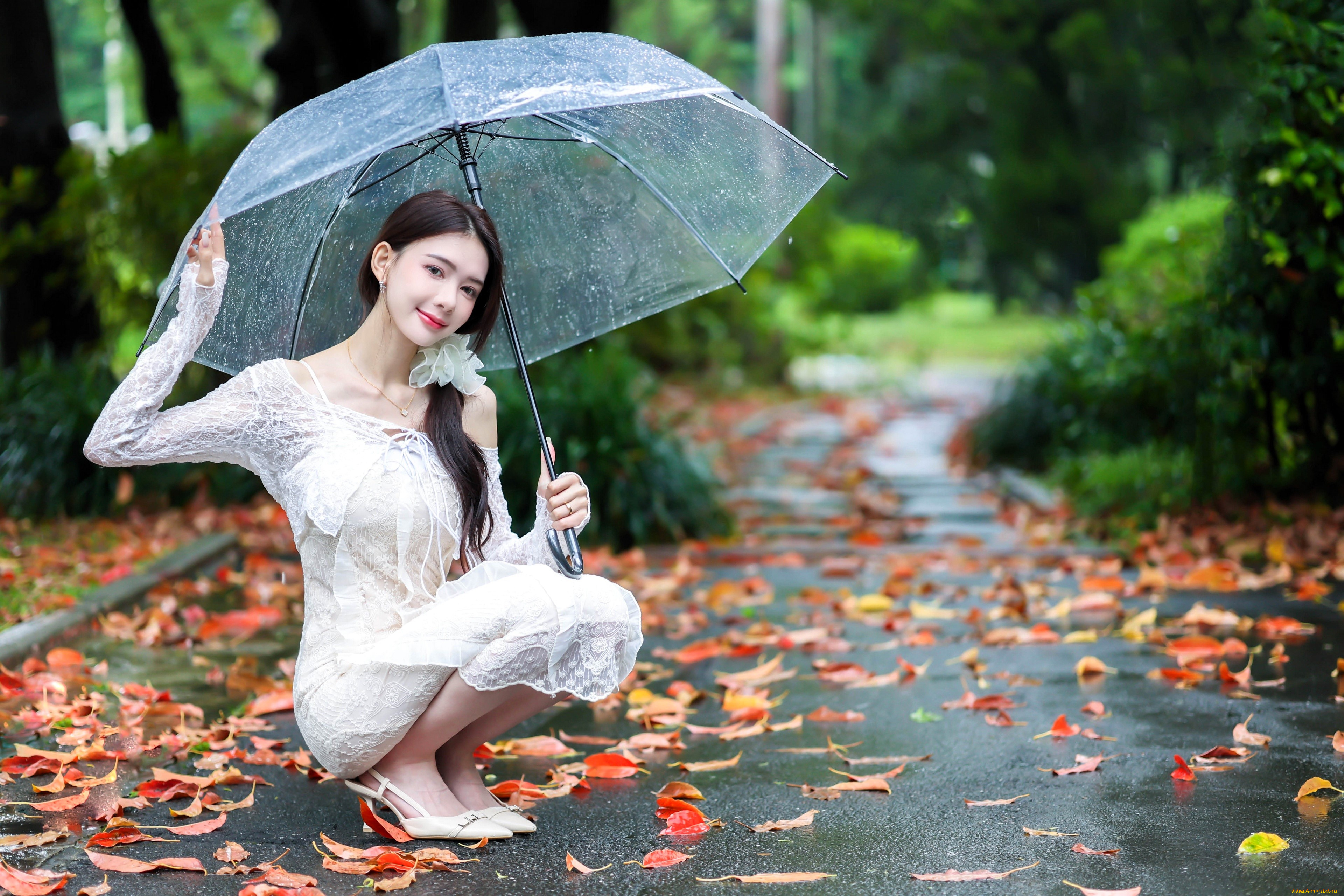 девушки, -, азиатки, брюнетка, платье, каблуки, зонт, дождь, дорожка, листья, деревья, парк, осень