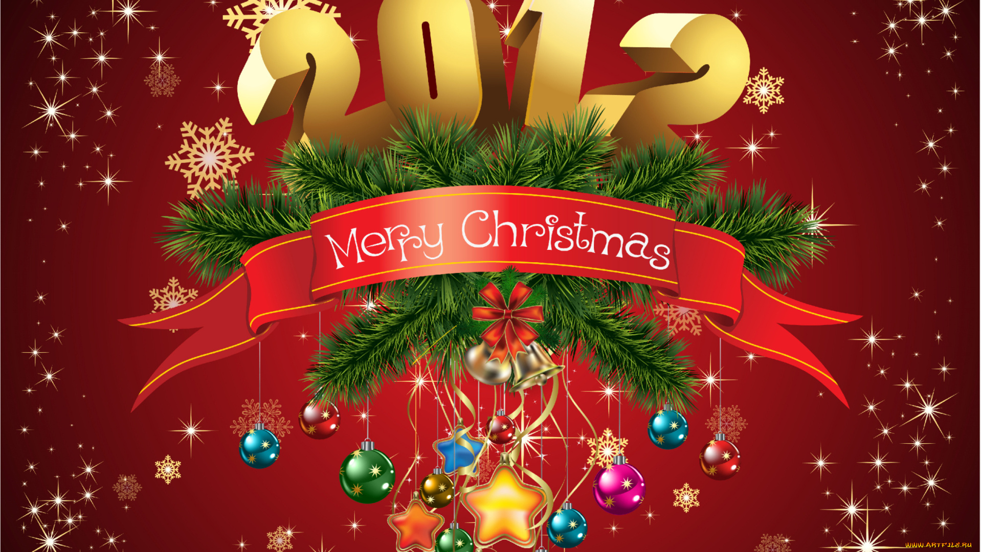 праздничные, векторная, графика, новый, год, снежинки, ёлка, счастливого, рождества, 2012, колокольчик, звезды, шары, лента, игрушки