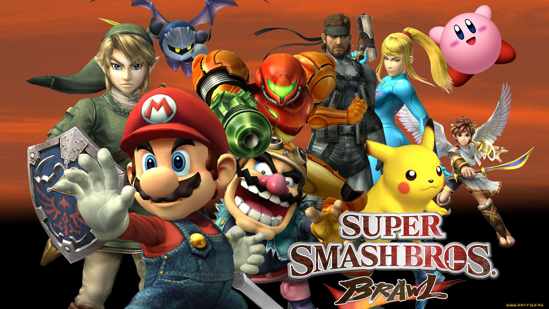 super, smash, bros, brawl, видео, игры, link, mario, solid, snake, wario, pit, samus, aran, pikachu