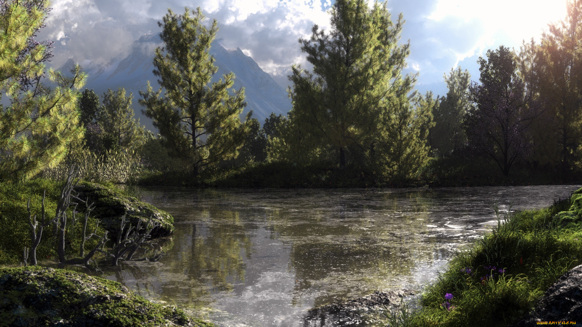 3д, графика, nature, landscape, природа, klontak, деревья, лес, озеро, болото, горы, пруд