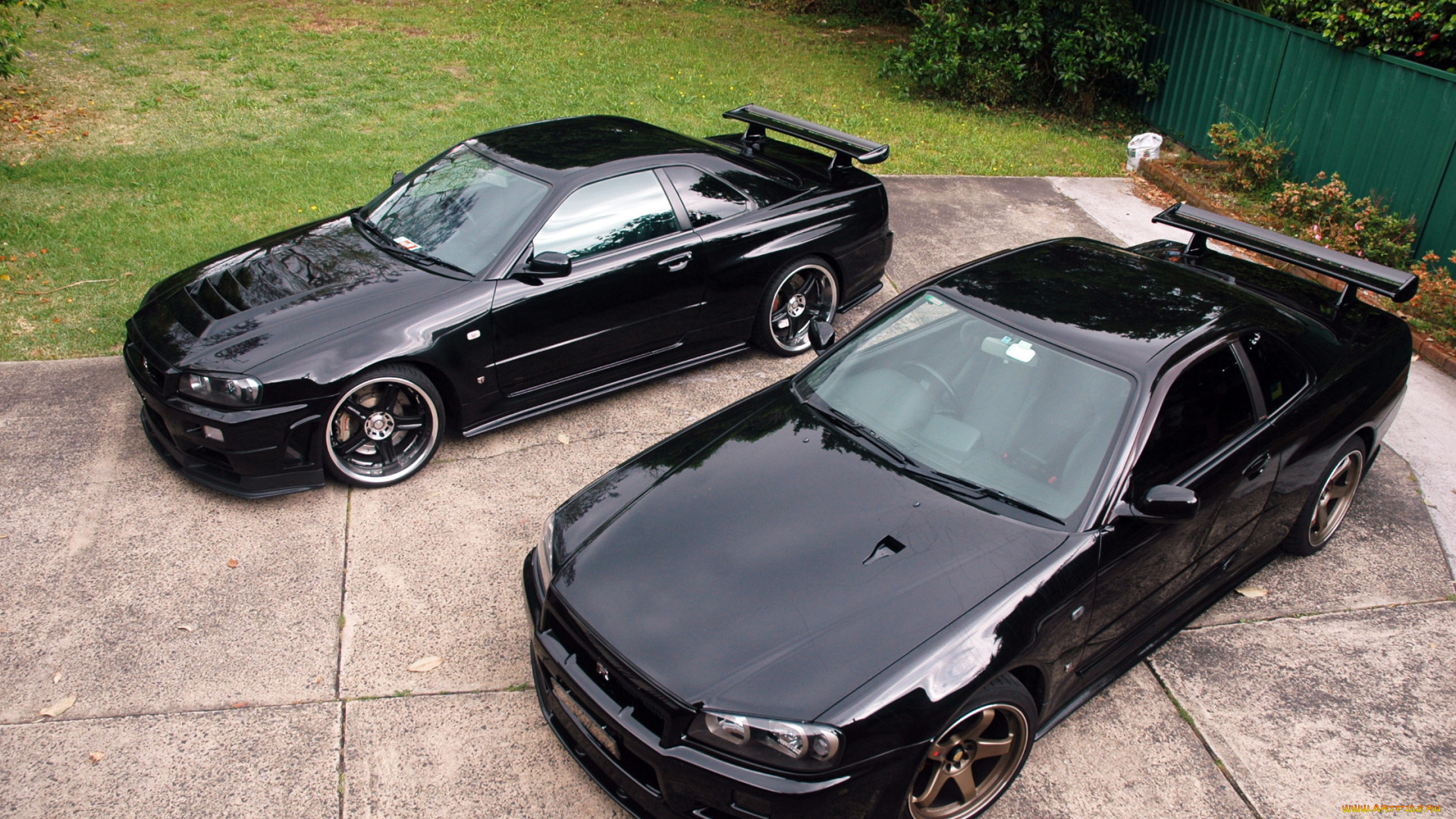 автомобили, nissan, datsun, трава, забор, front, r34, black, gtr, skyline, черный, р34, grass, tree, ниссан, гтр