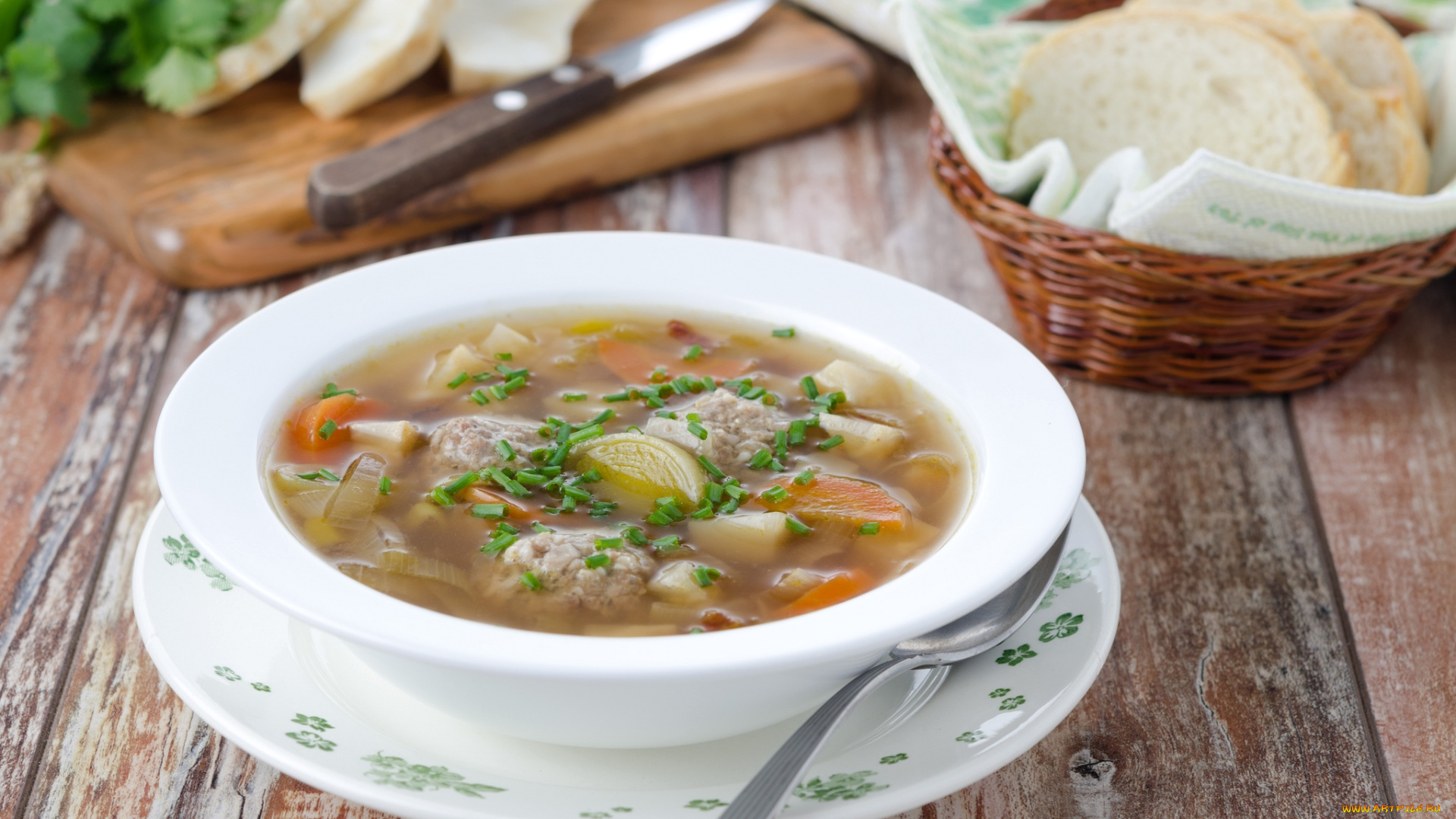 еда, первые, блюда, тарелка, суп, фрикадельки