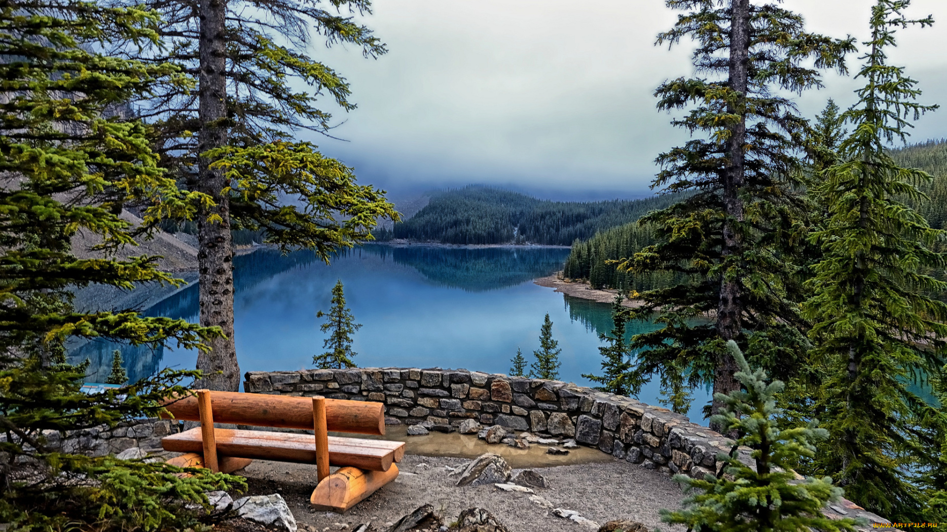 lake, moraine, banff, national, park, природа, реки, озера, пейзаж, озеро, деревья, ели, скамейка