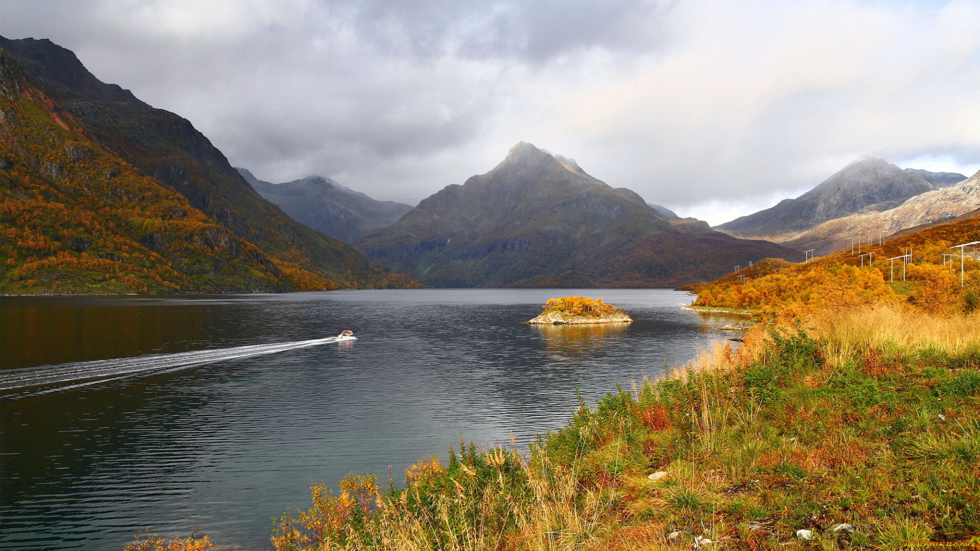 остров, хиннёя, норвегия, природа, реки, озера, река, горы