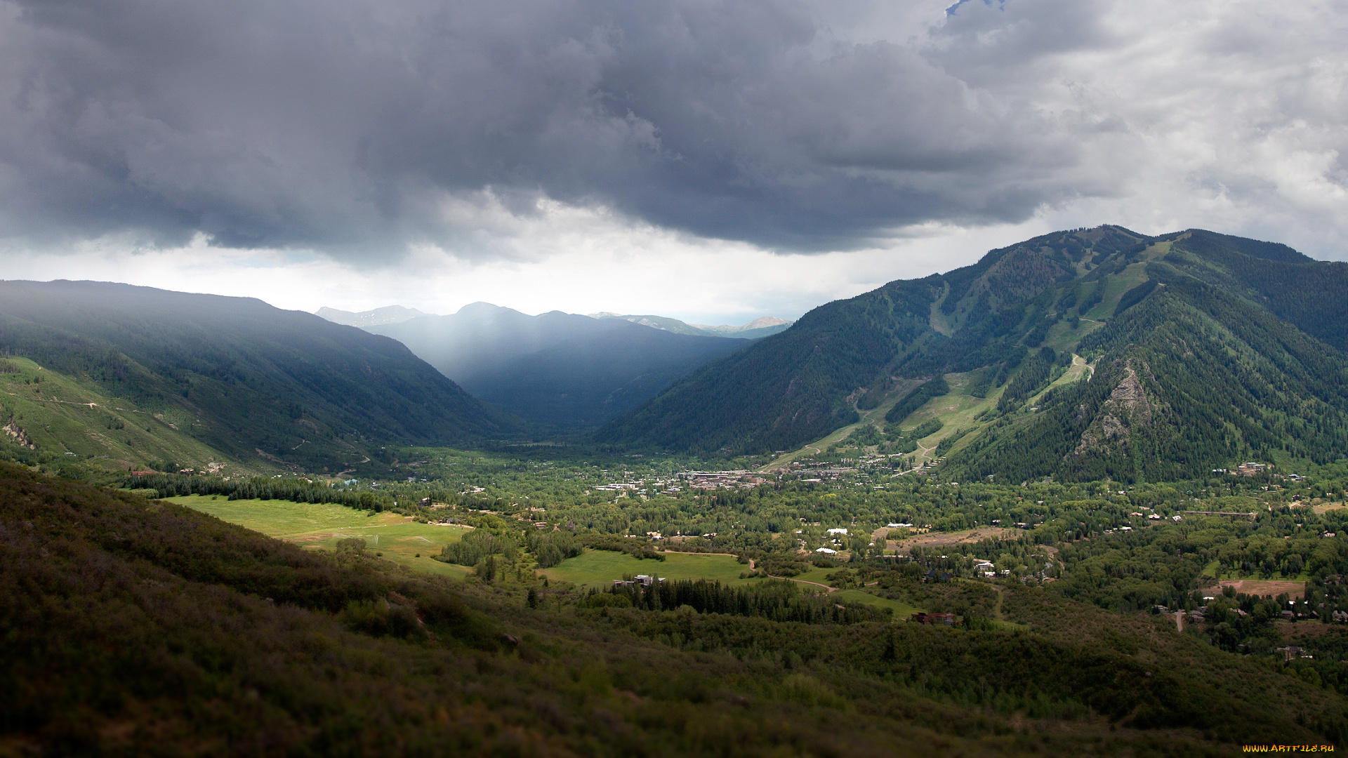 природа, горы, панорама, строения, долина, леса