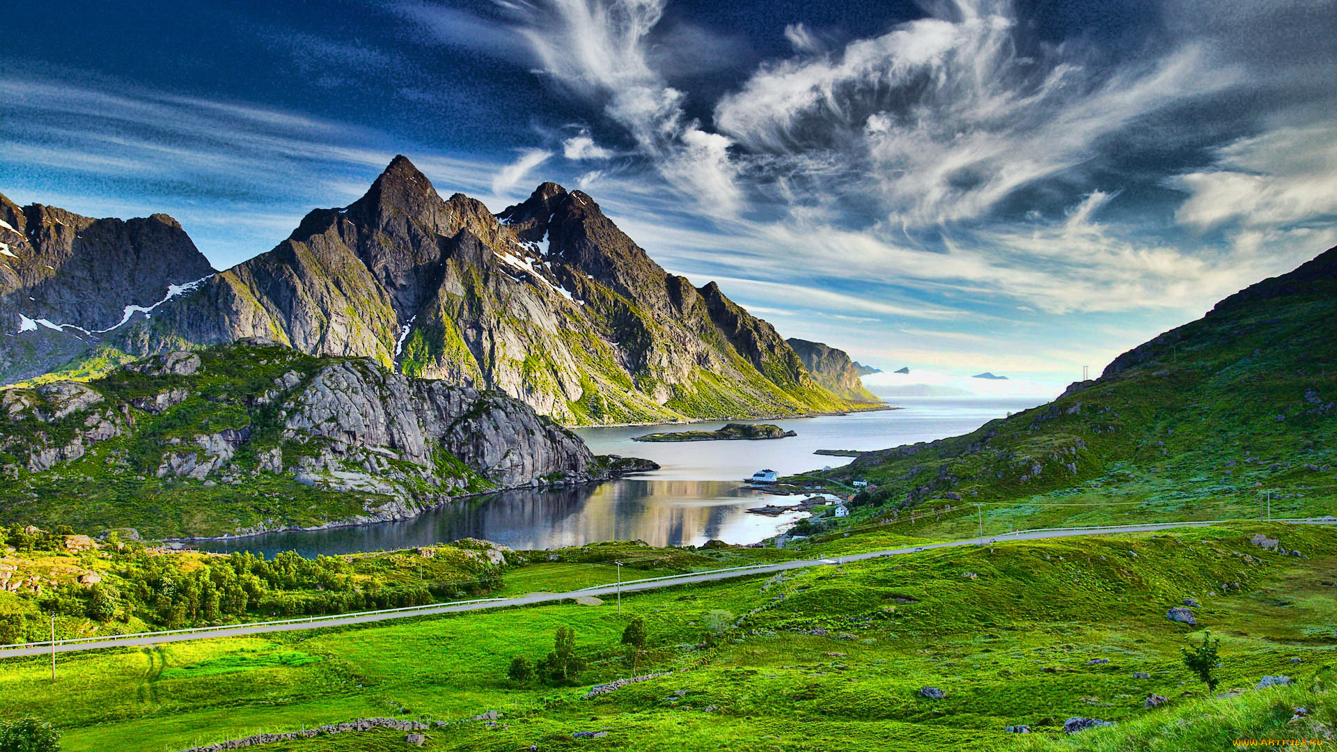 природа, побережье, фьорд, море, скалы, дорога, зелень