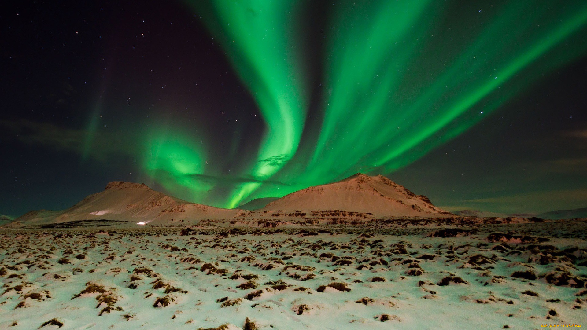 природа, северное, сияние, снег, горы, ночь