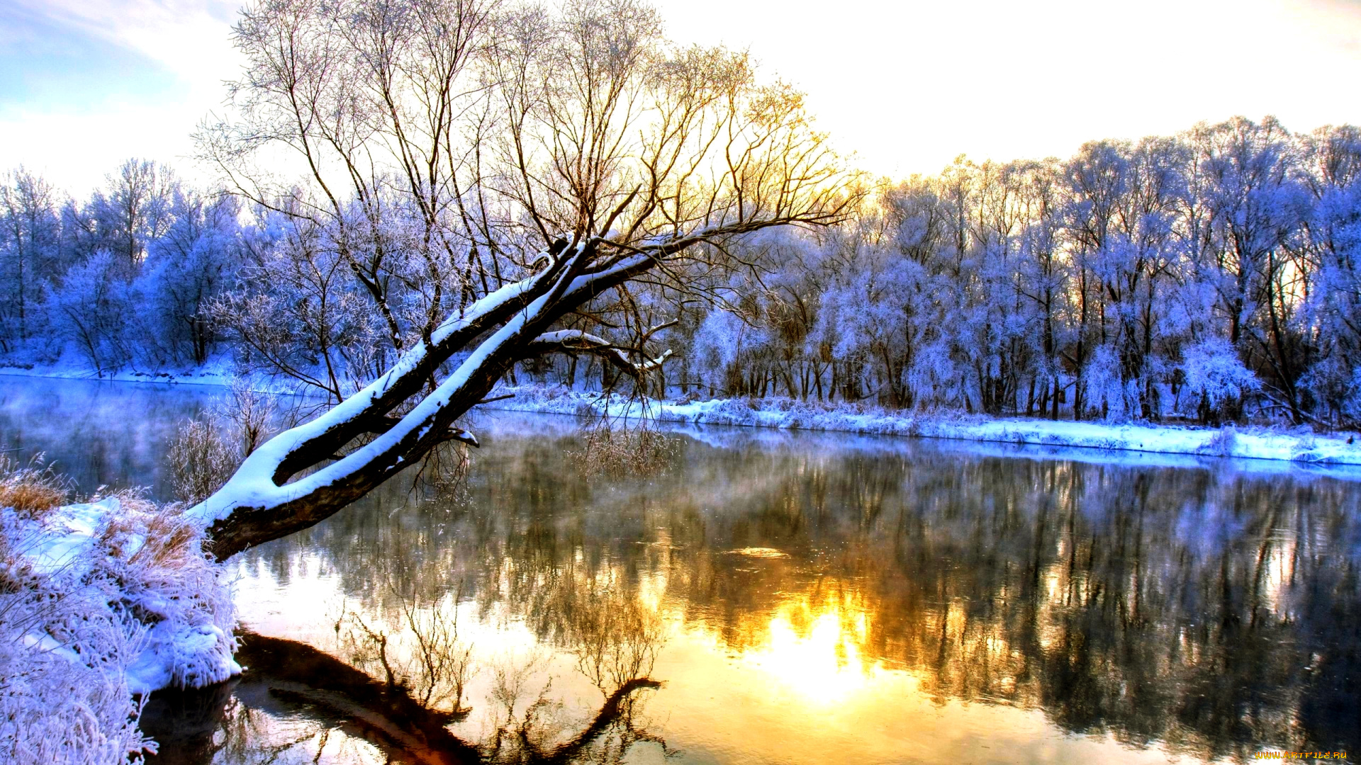 природа, зима, река, снег, деревья