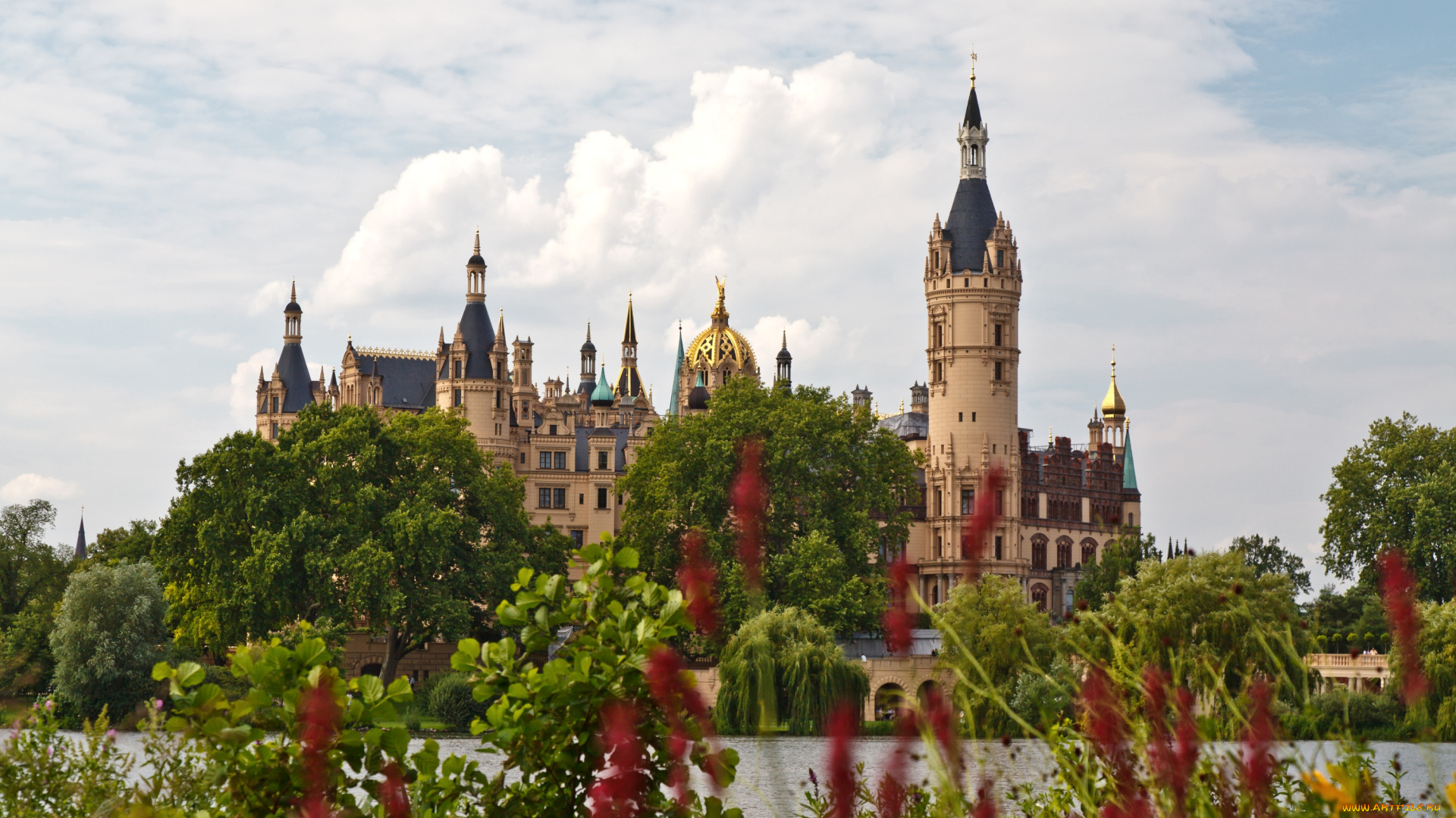 замок, шверин, германия, города, купола, башня