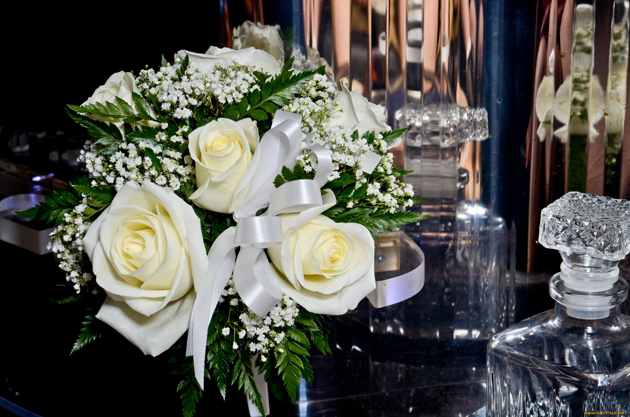 цветы, букеты, композиции, хрусталь, гипсофила, розы