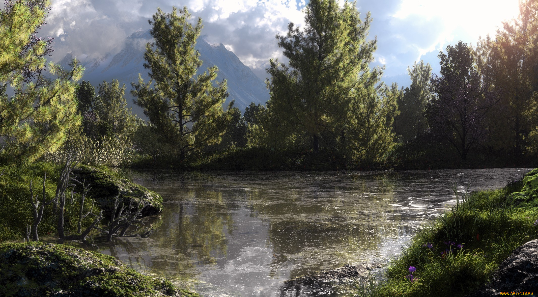 3д, графика, nature, landscape, природа, klontak, деревья, лес, озеро, болото, горы, пруд