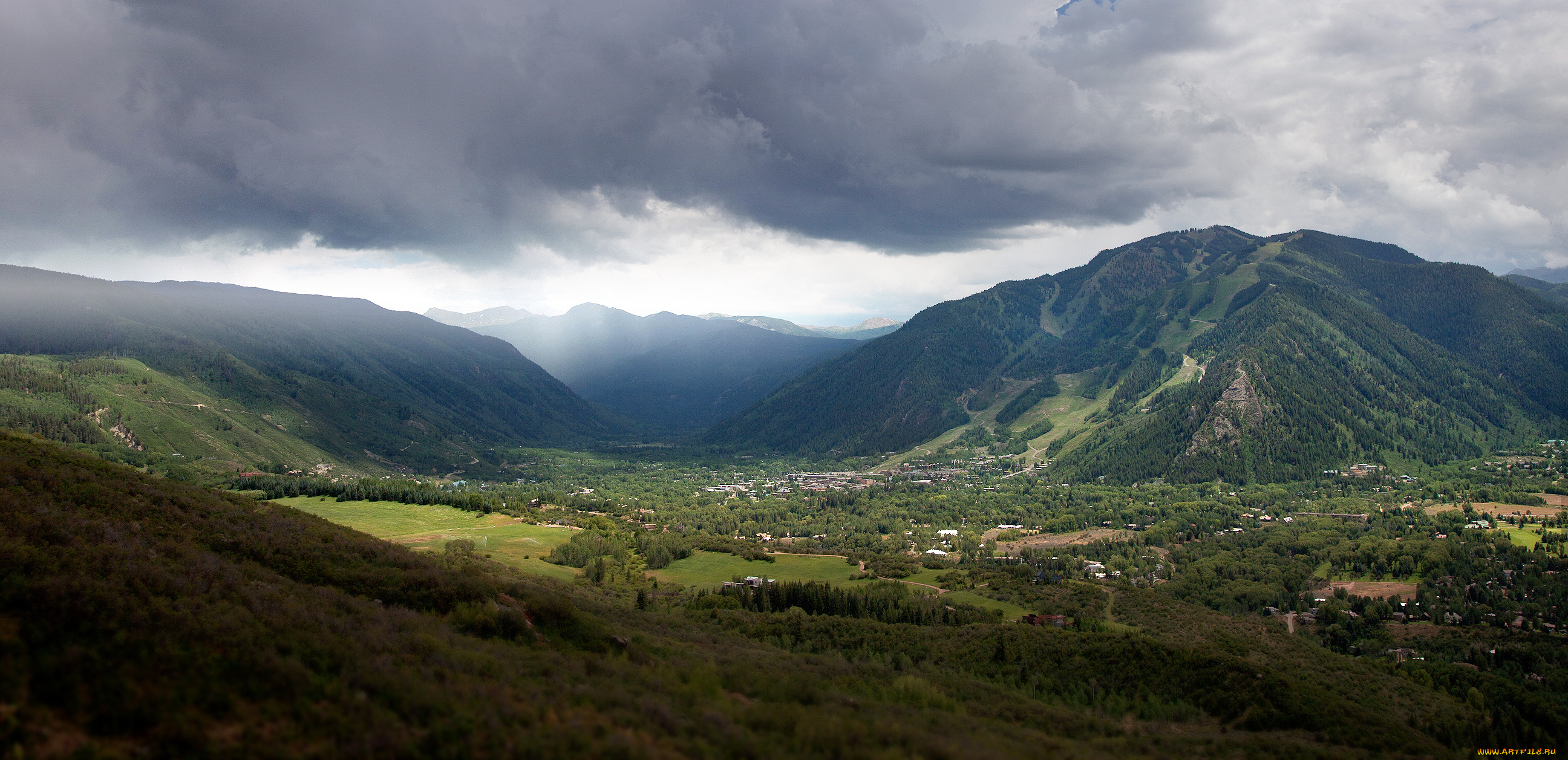 природа, горы, панорама, строения, долина, леса