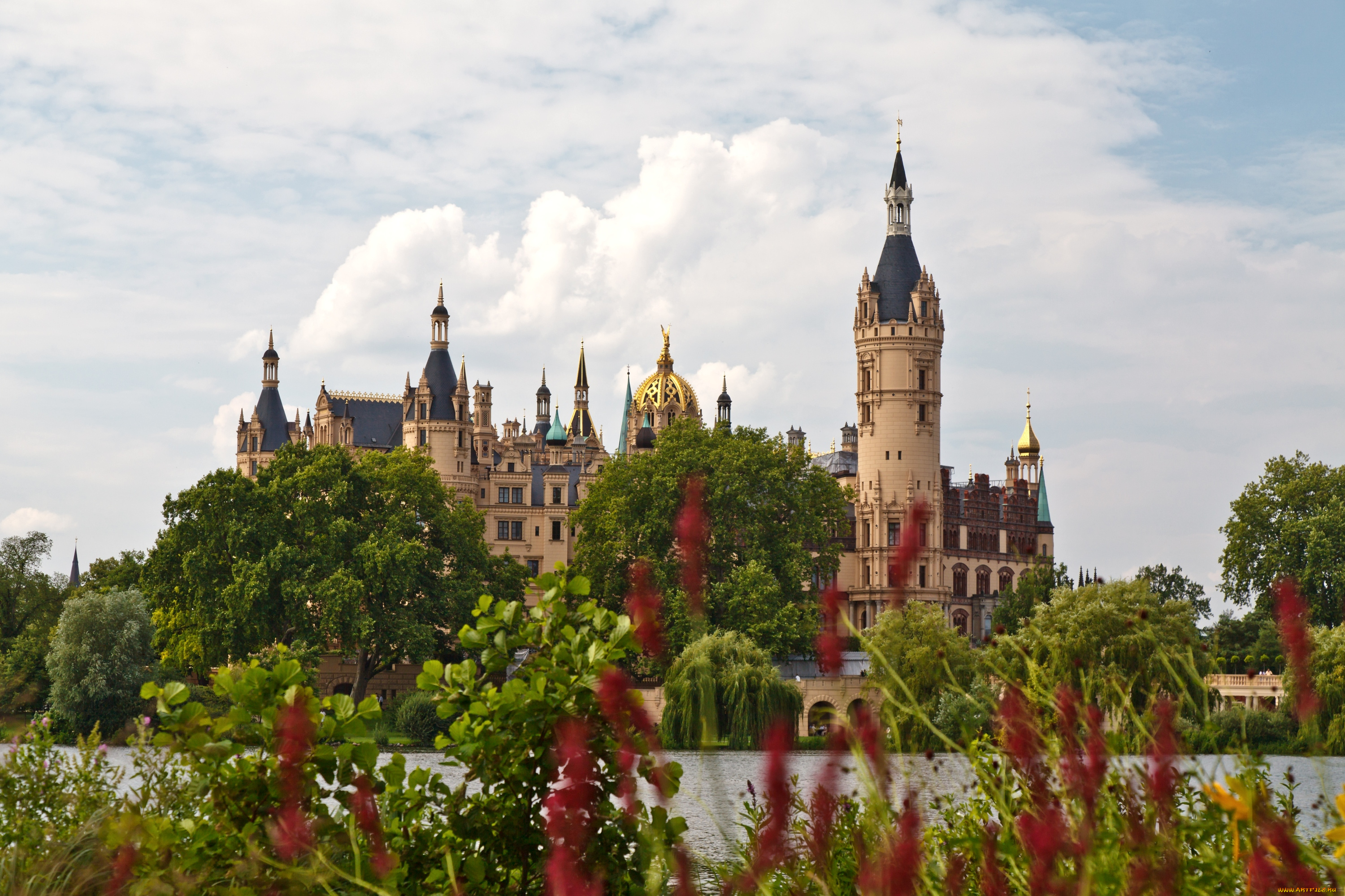 замок, шверин, германия, города, купола, башня