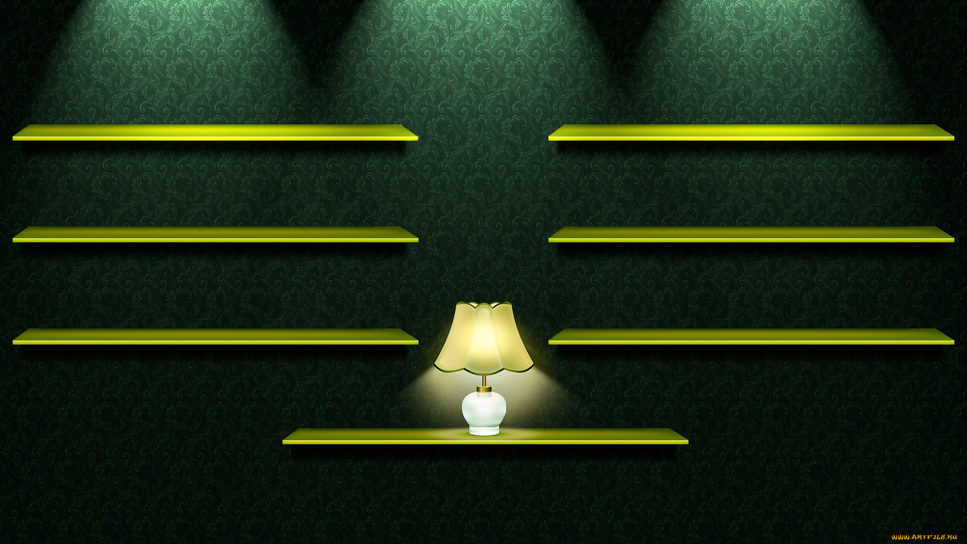 3д, графика, realism, , реализм, лампа, зеленый, обои, полки