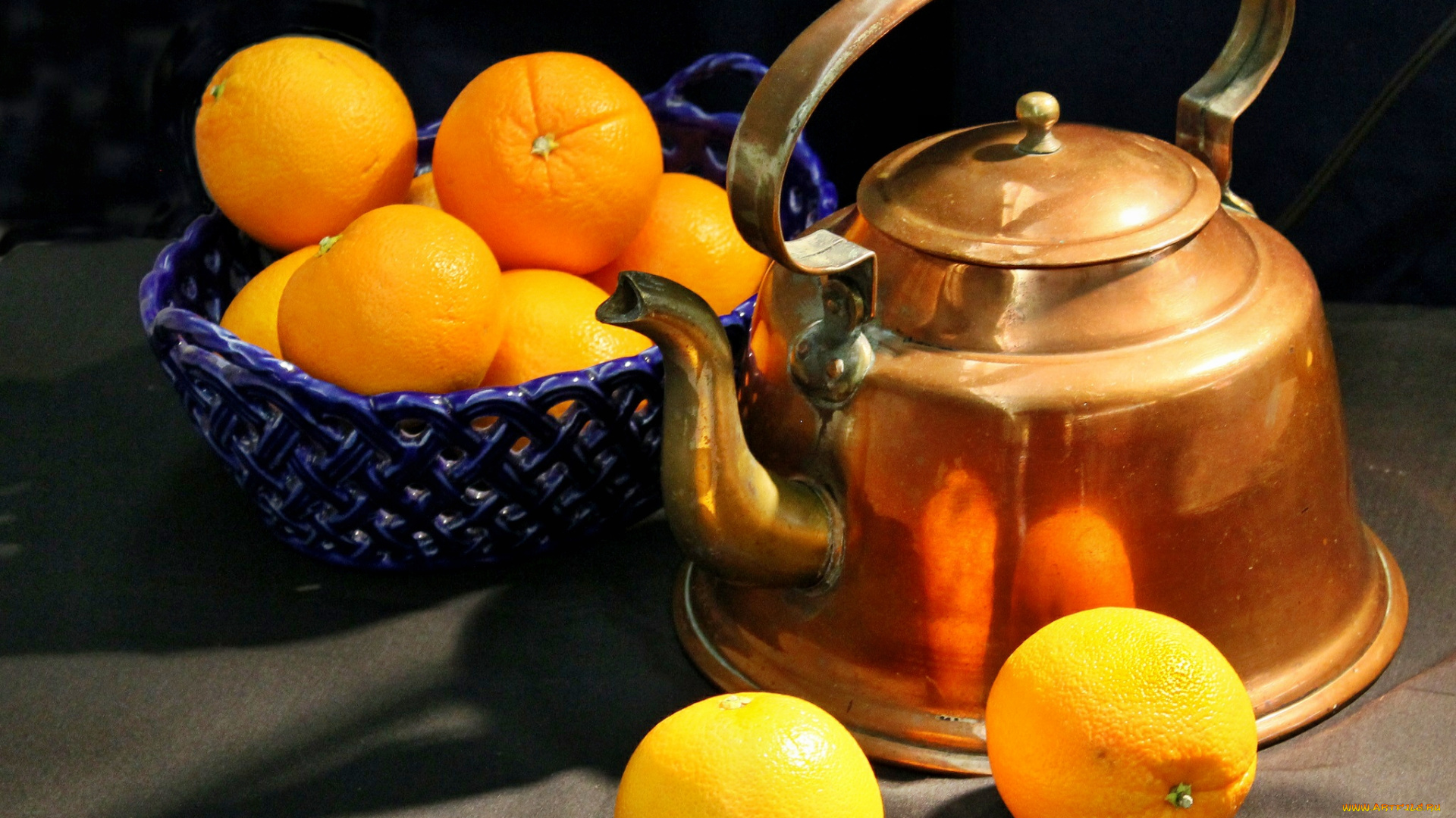 еда, цитрусы, чайник, апельсины
