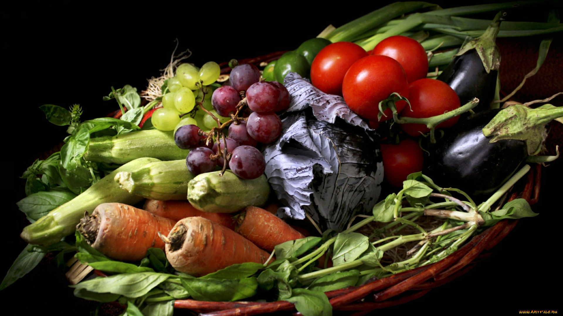 еда, фрукты, и, овощи, вместе, баклажаны, кабачки, капуста, томаты, виноград