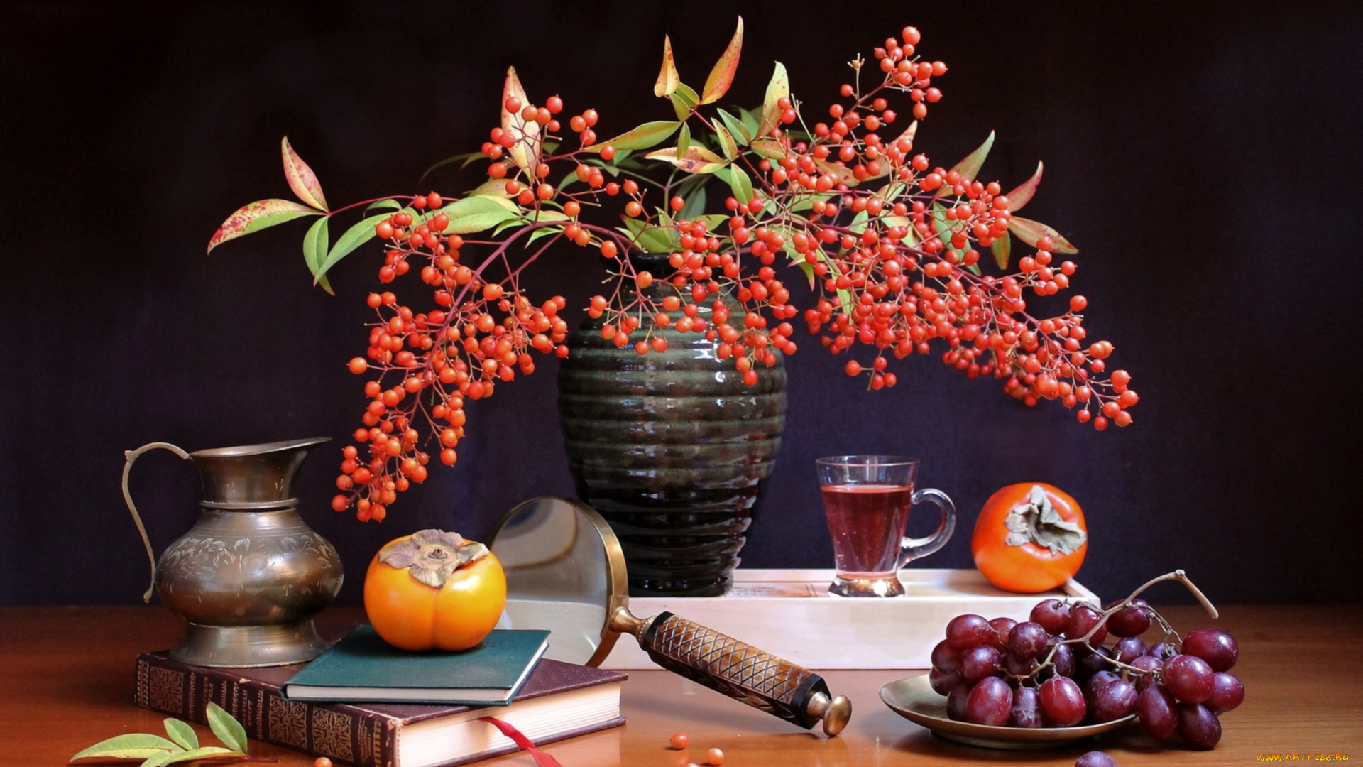 еда, натюрморт, чашка, лупа, книга, виноград, хурма