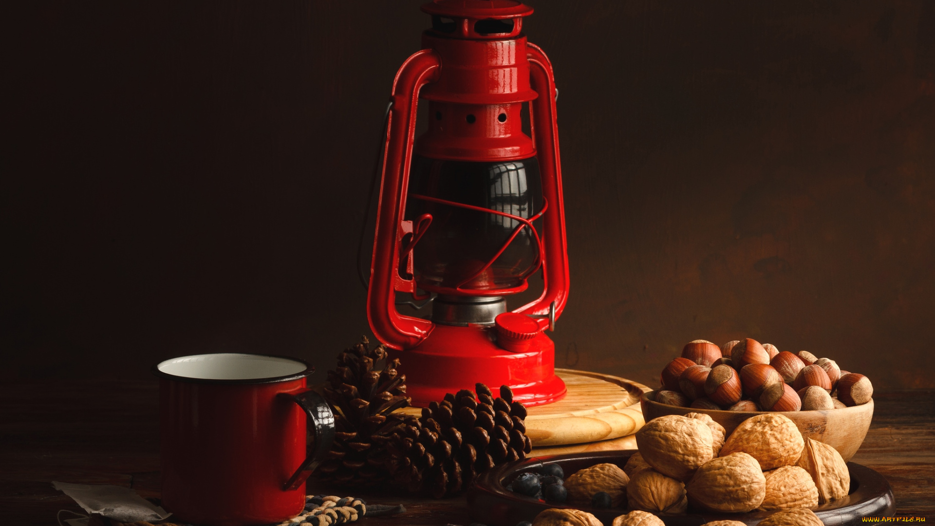еда, натюрморт, фундук, грецкие, орехи, ягоды, шишка, фонарь