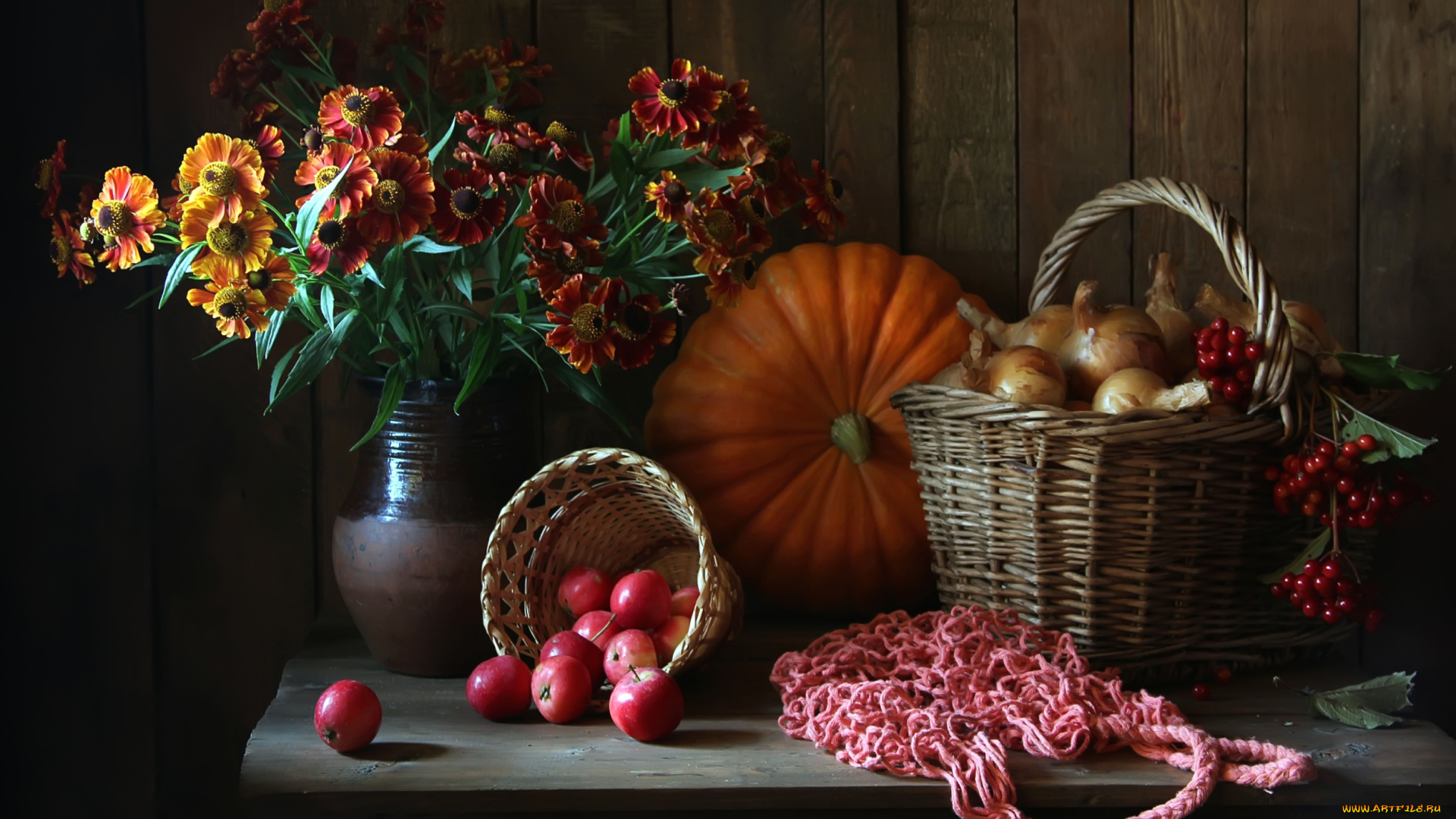 еда, натюрморт, калина, тыква, лук, яблоки, гелениум