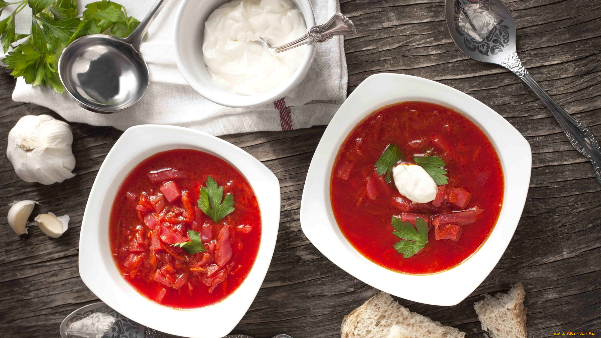 еда, первые, блюда, борщ, сметана, чеснок