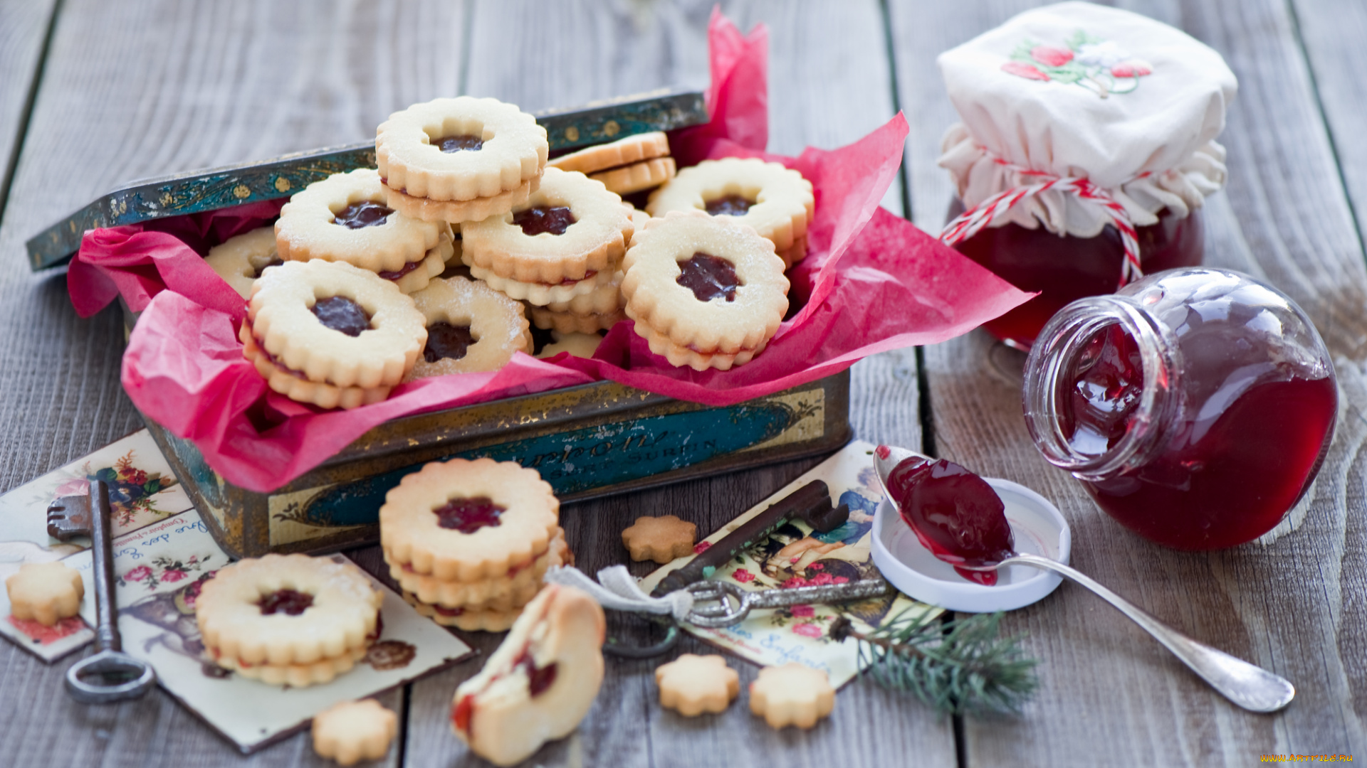 еда, разное, джем, печенье, натюрморт, ключи