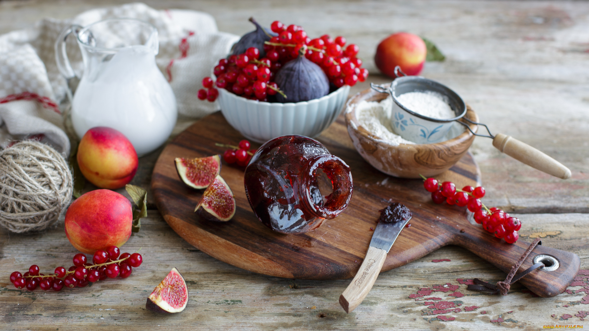 еда, разное, инжир, джем, молоко, красная, смородина, мука, персики, натюрморт, клубок