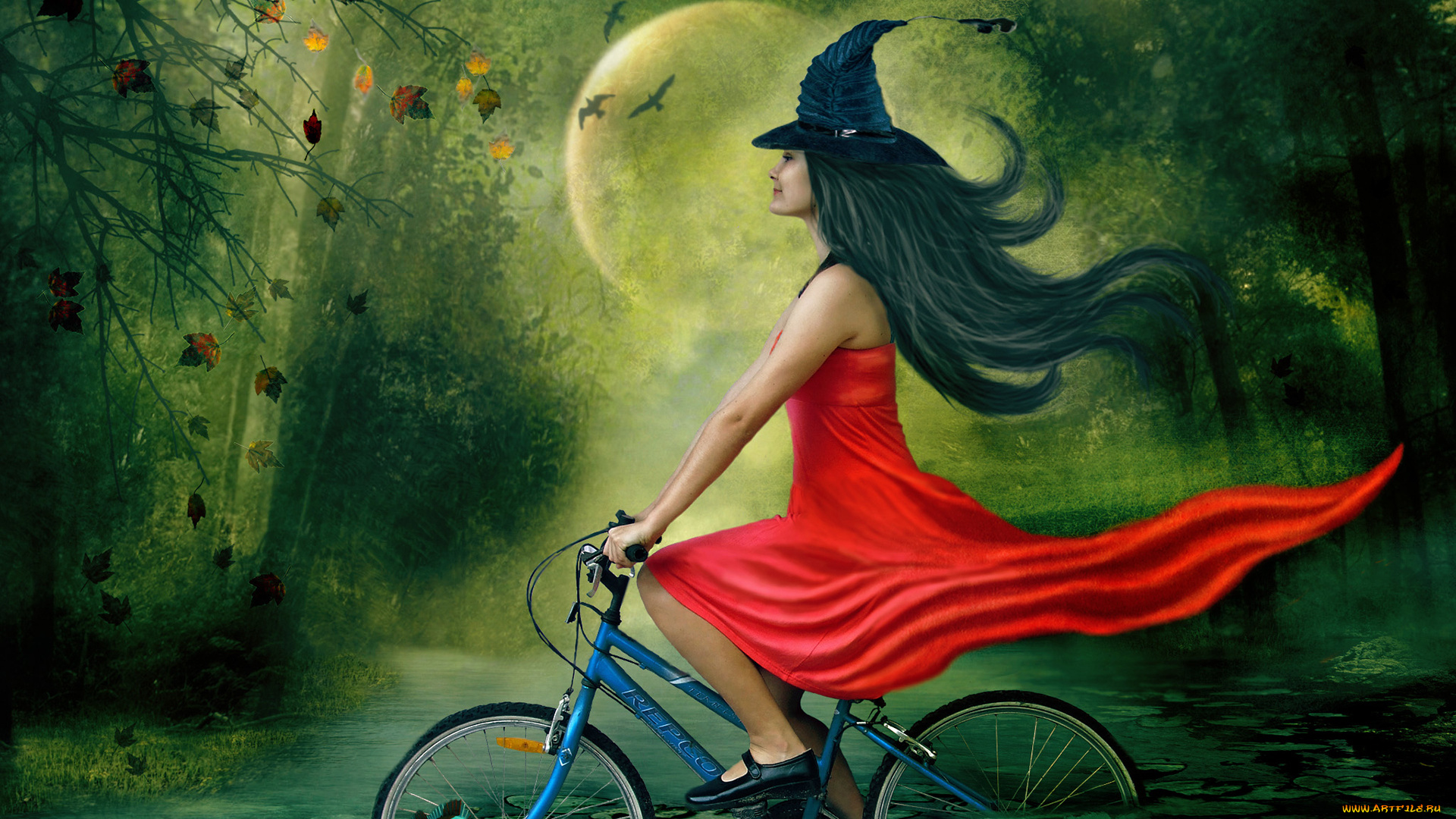 фэнтези, девушки, шляпа, велосипед