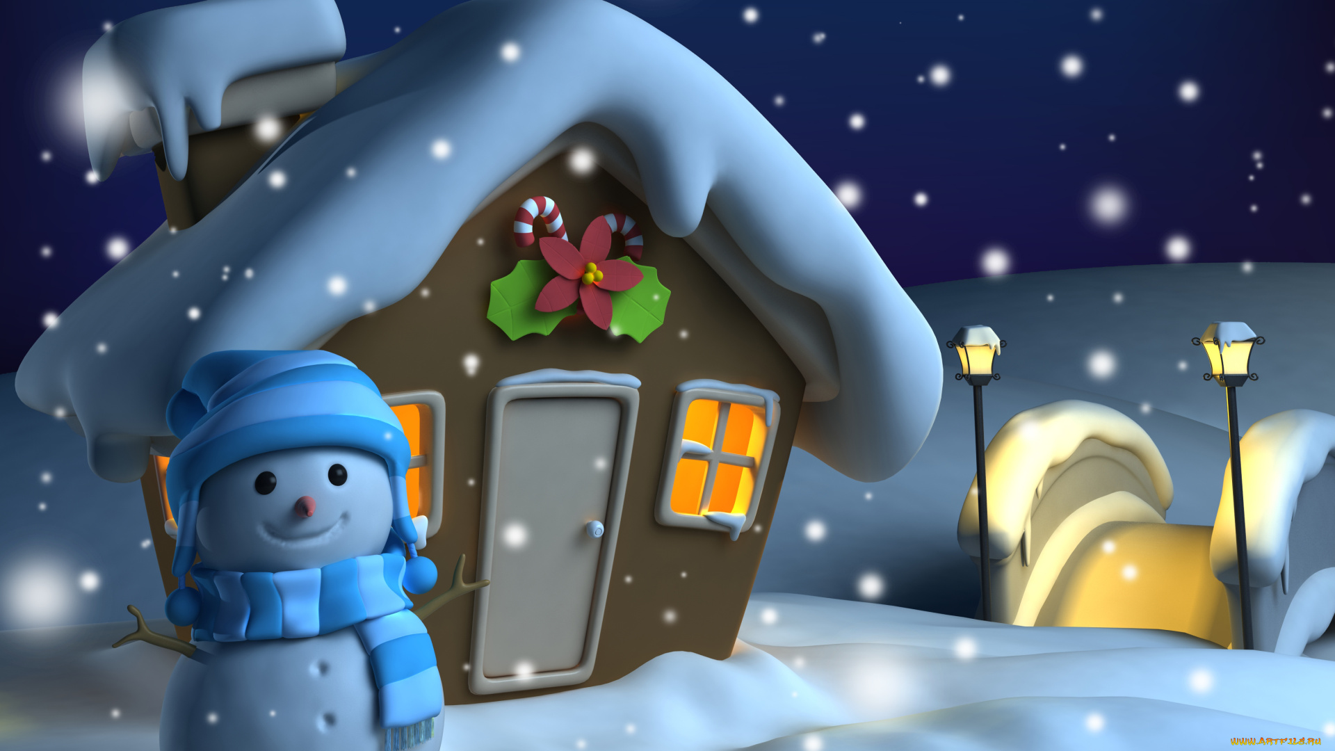 праздничные, 3д, графика, , новый, год, дом, снеговик