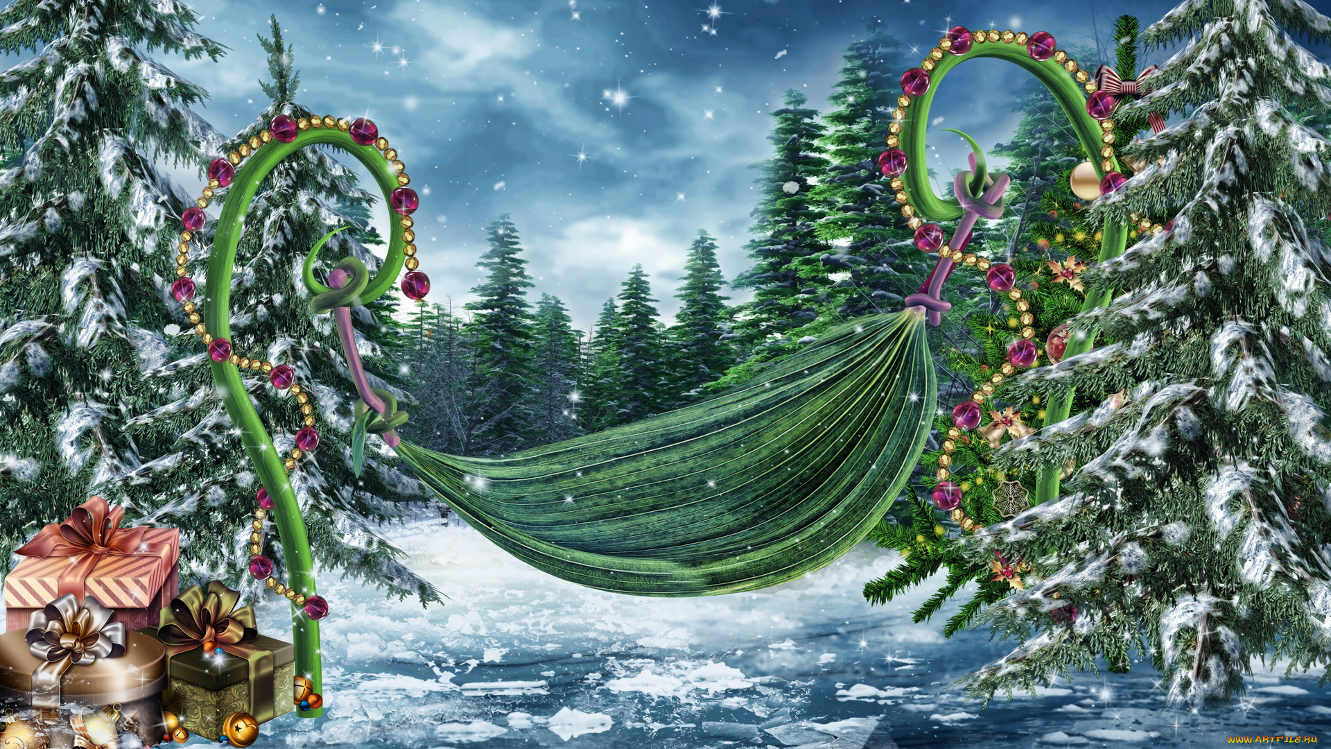 праздничные, 3д, графика, , новый, год, елки, подарки, лес, украшения