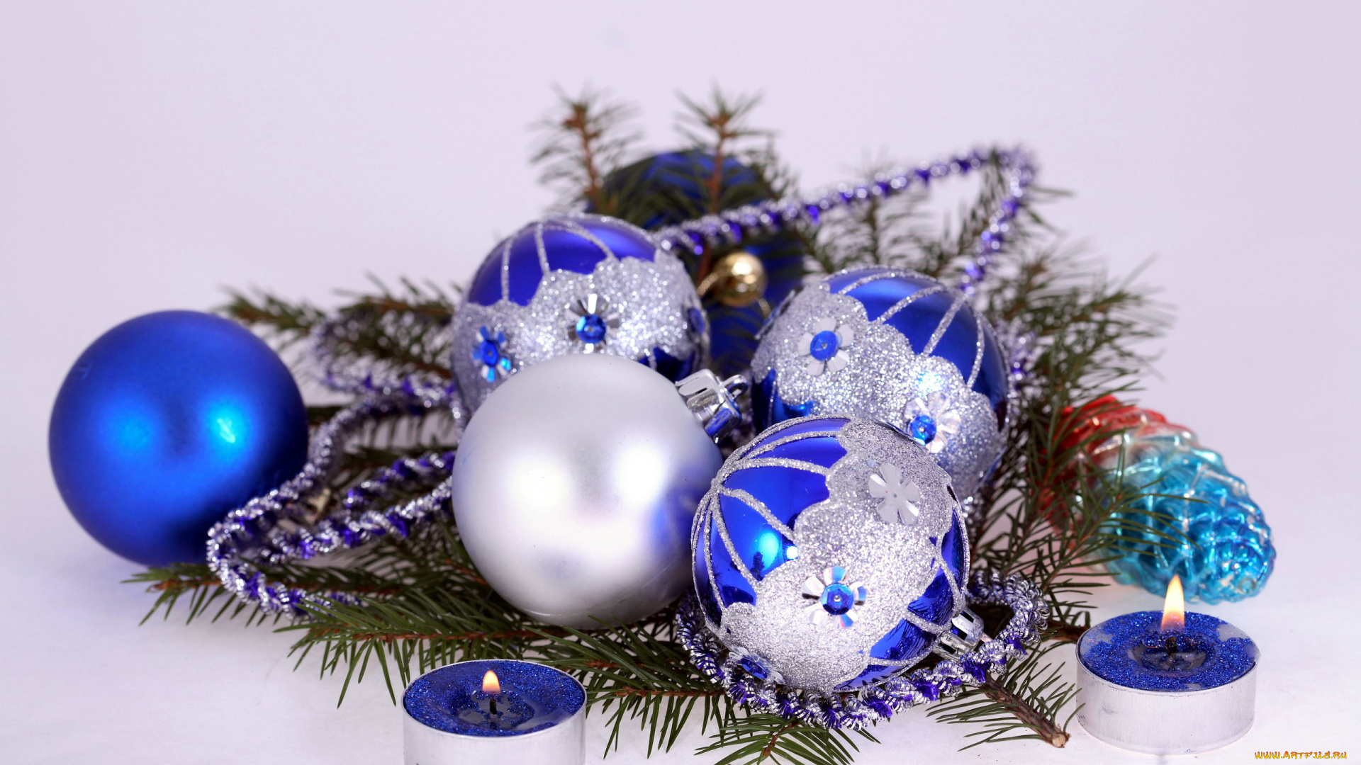 праздничные, шарики, свечи, ветка