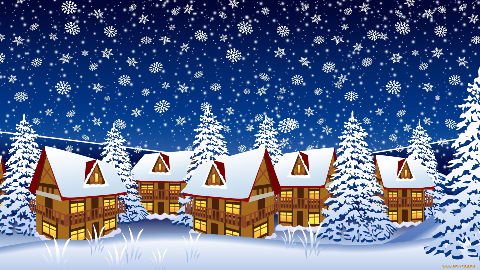 праздничные, векторная, графика, , новый, год, дома, снежинки