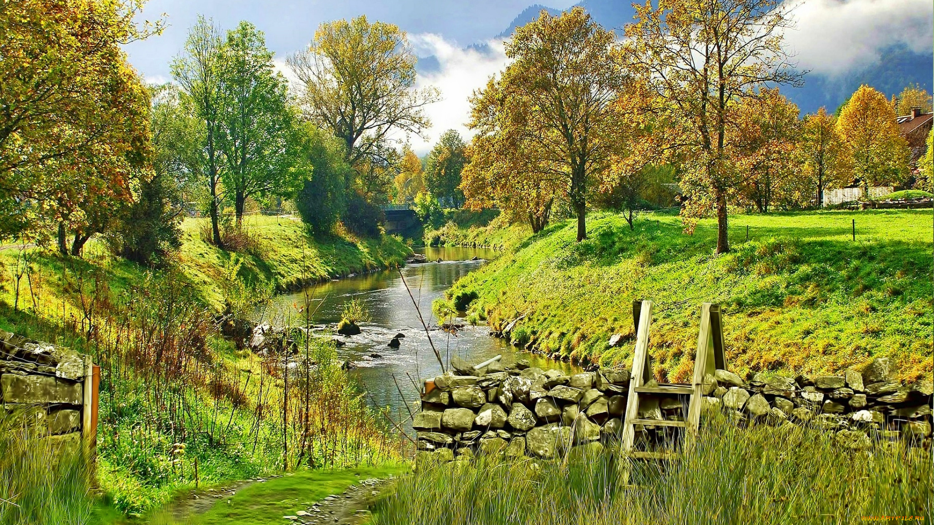 природа, реки, озера, трава, река, мост, деревья