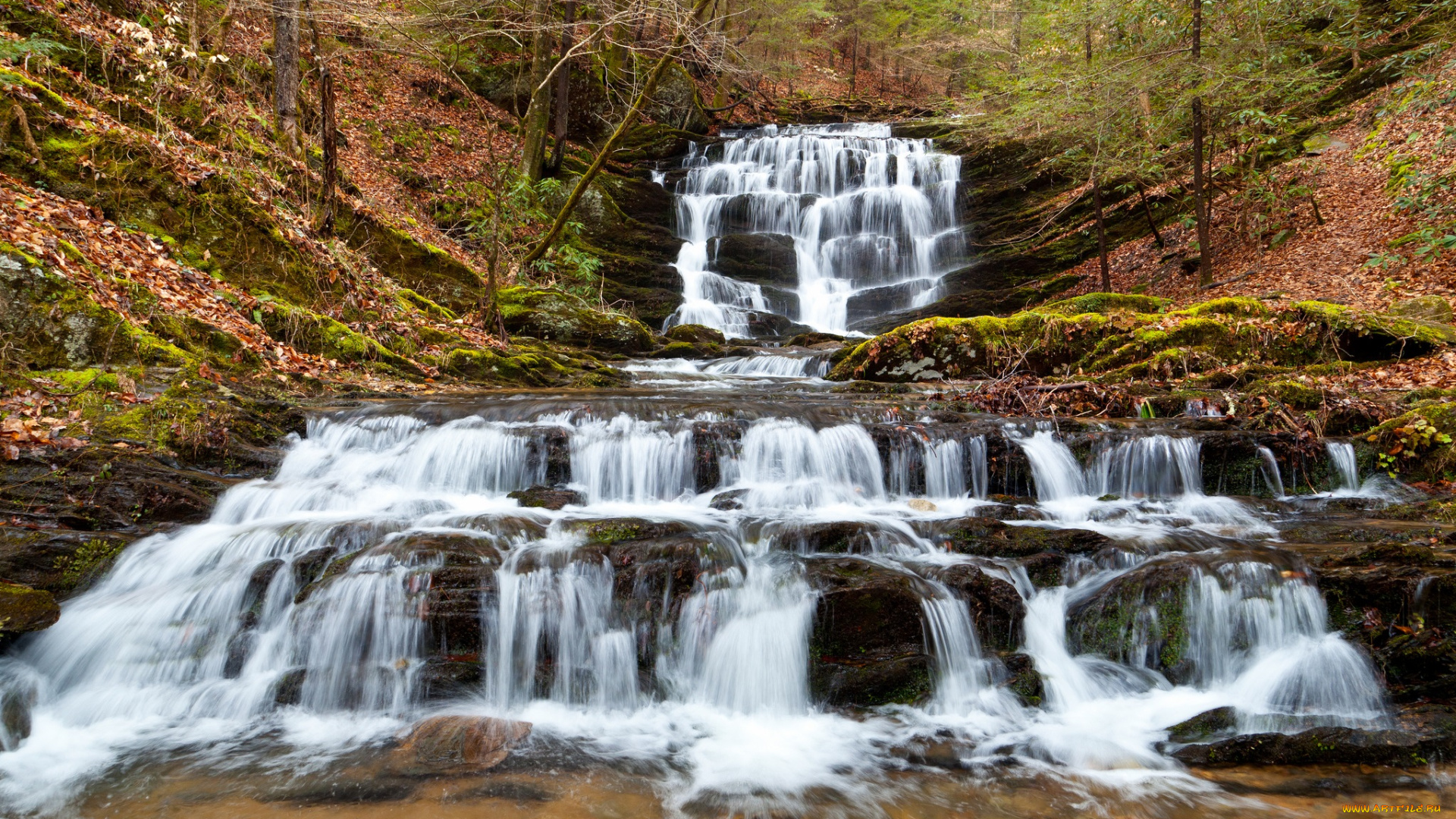 природа, водопады, каскад, водопад, река, склон, лес
