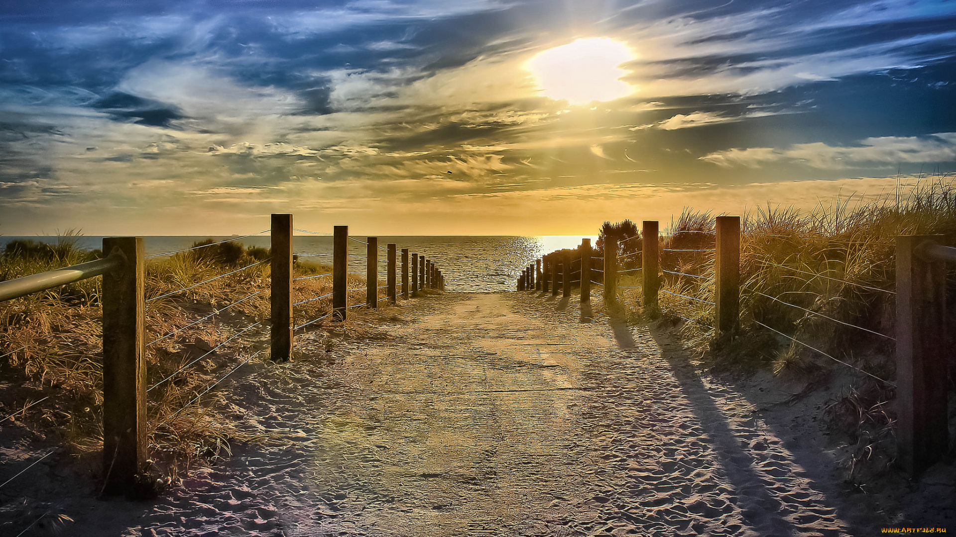 природа, восходы, закаты, горизонт, облака, солнце, ограда, тропинка, песок, океан, пляж