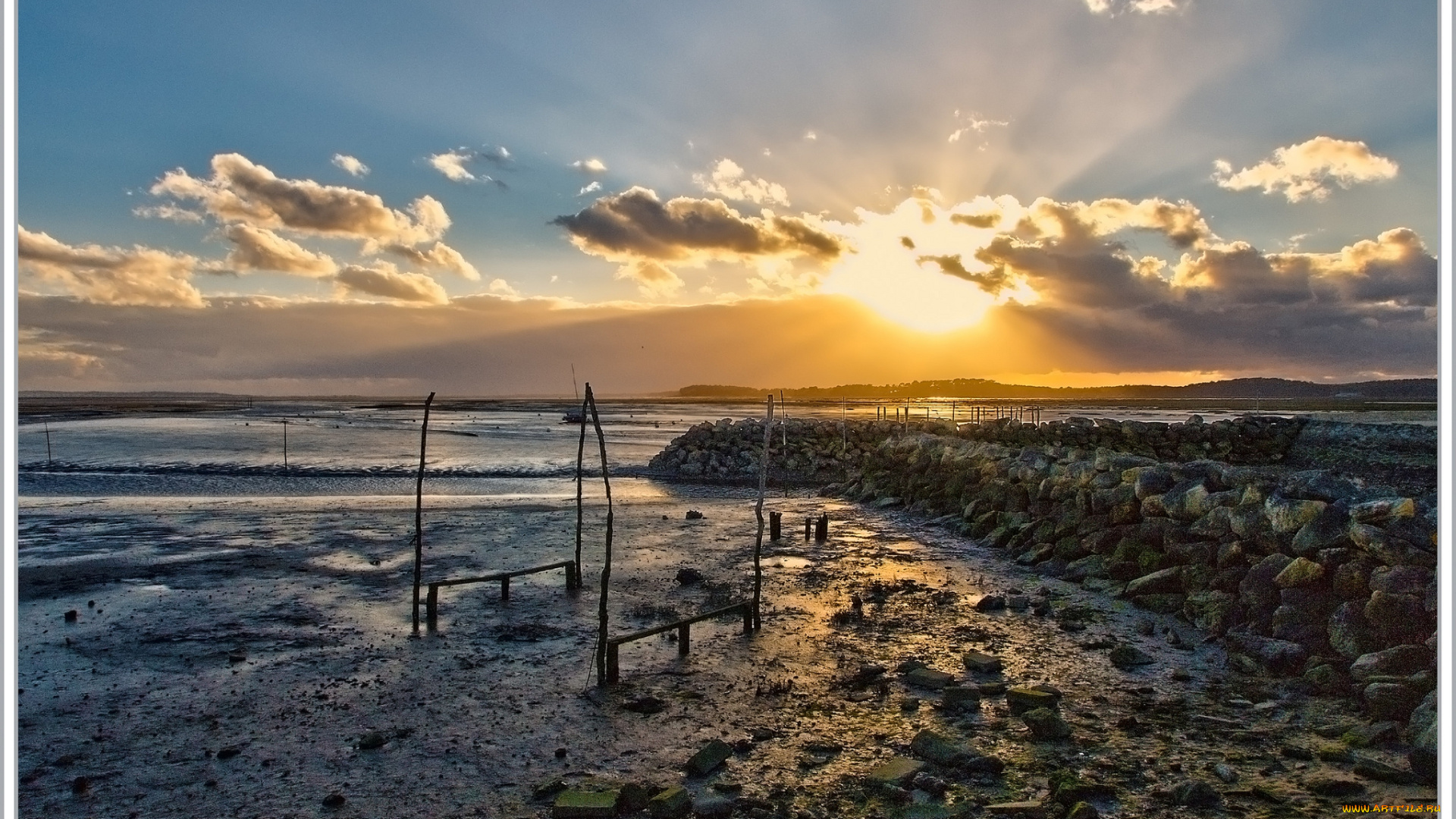 природа, восходы, закаты, океан, отлив, камни, трава, тучи, солнце, свет
