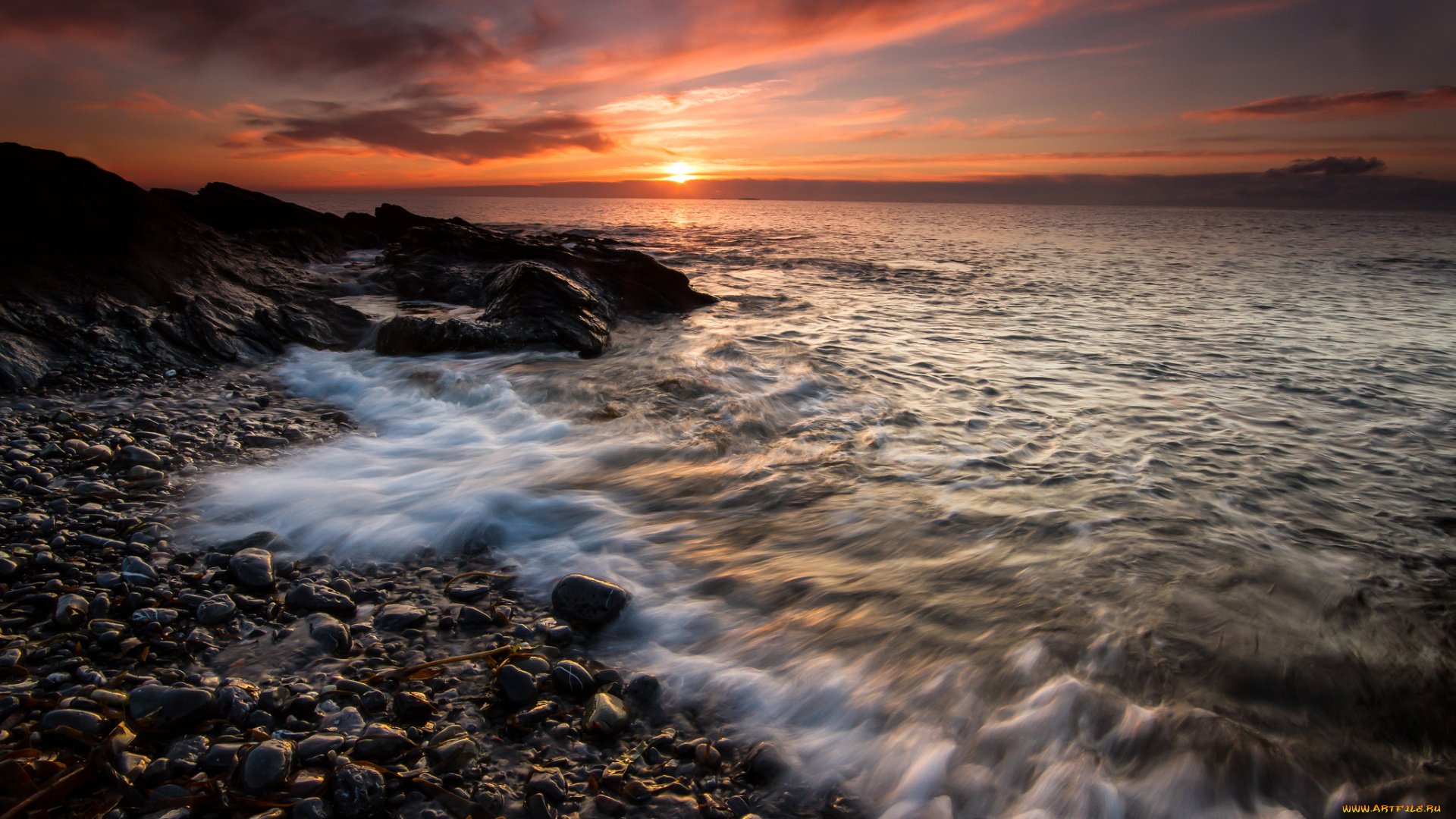 природа, восходы, закаты, океан, пляж, галька, тучи, свет