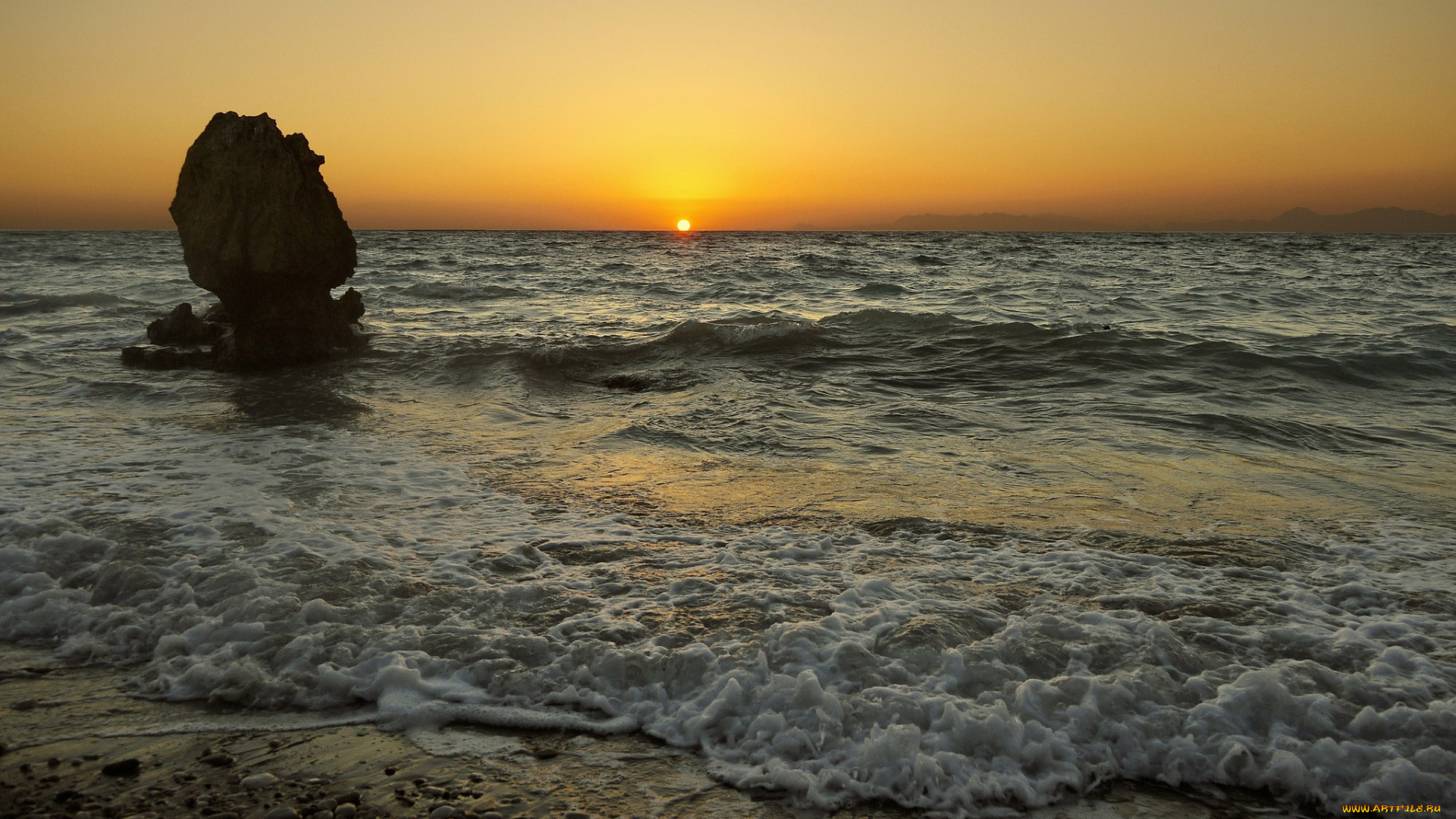 природа, восходы, закаты, солнце, горизонт, океан, волны, камень, пляж