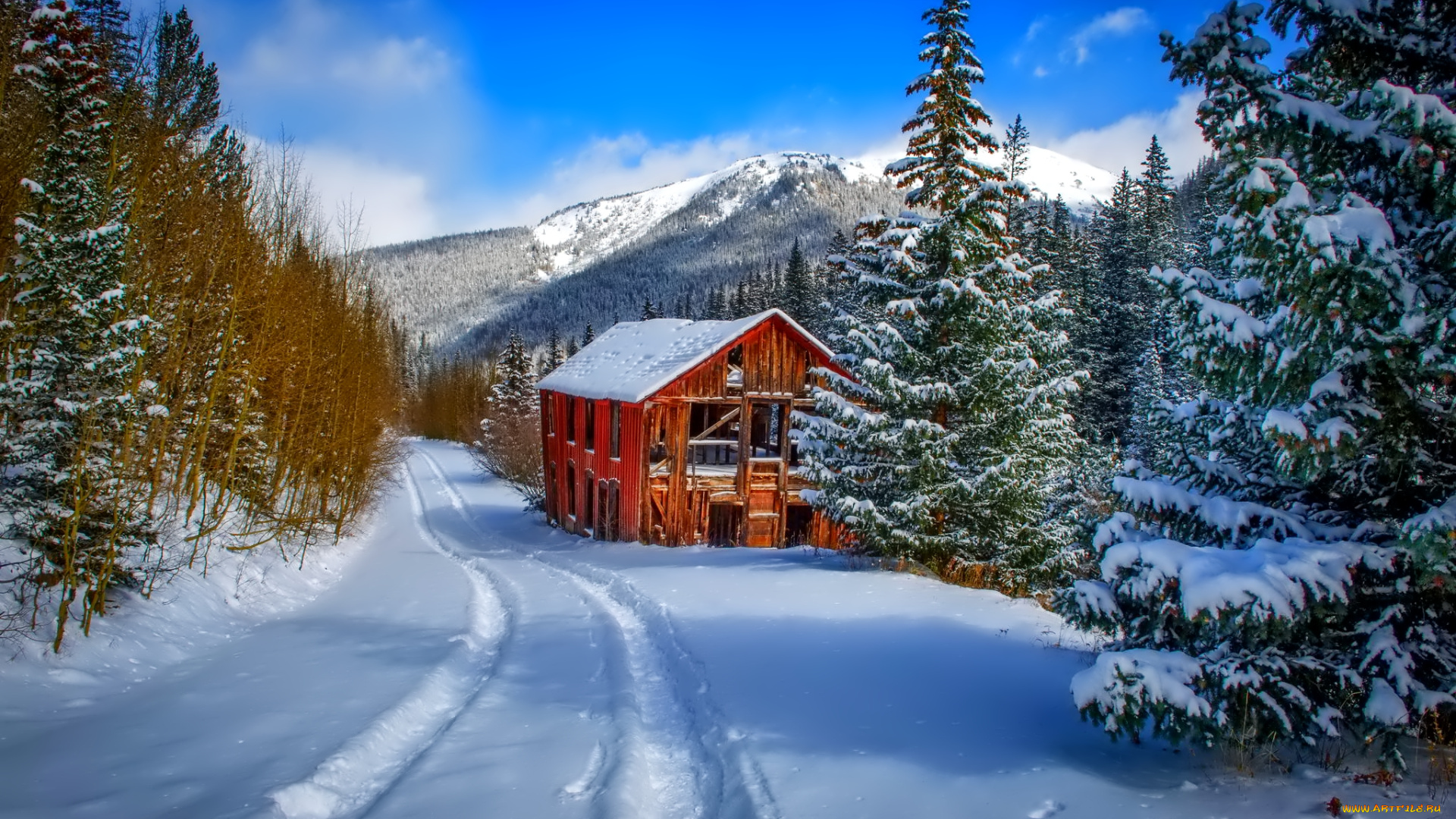 природа, зима, лес, горы, снег, дорога