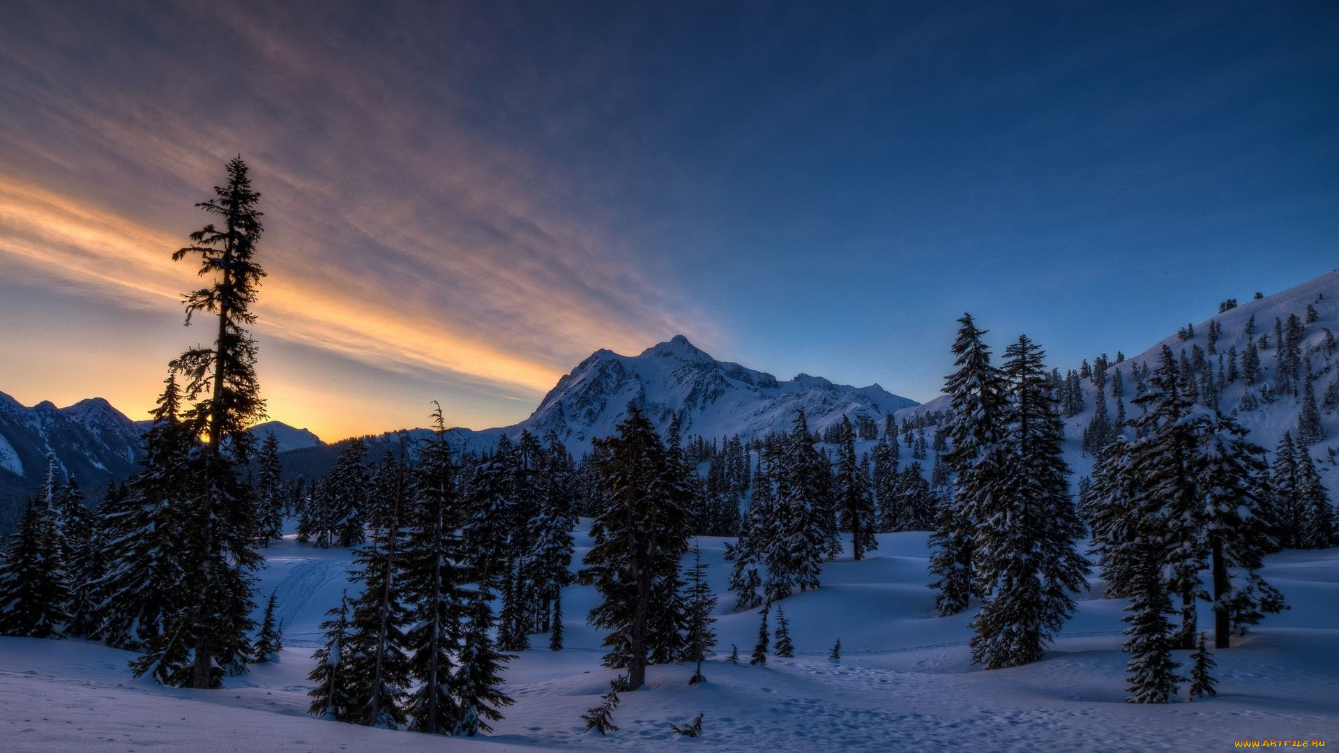природа, зима, снег, деревья, сумерки, горы