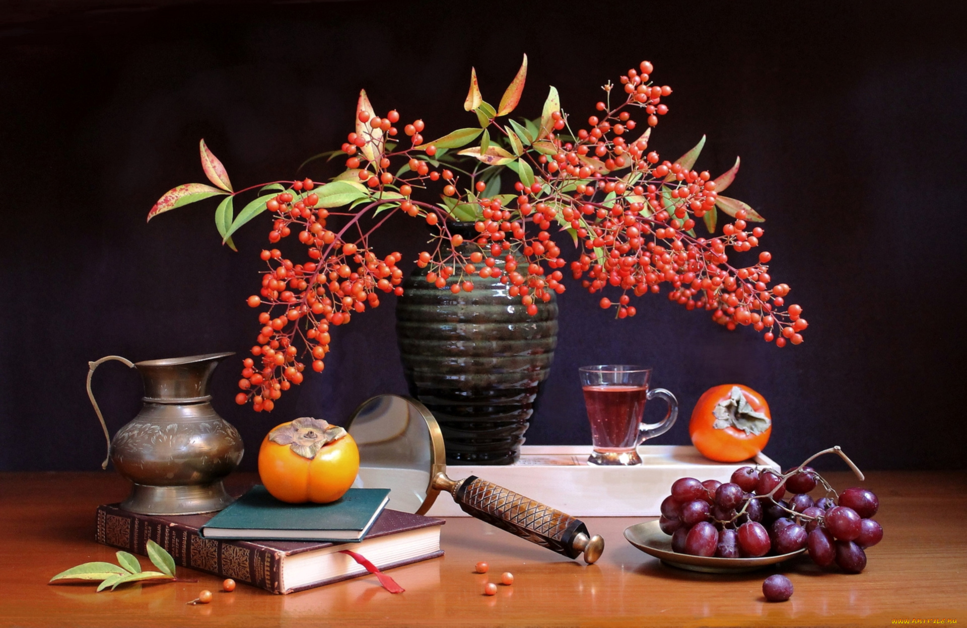 еда, натюрморт, чашка, лупа, книга, виноград, хурма